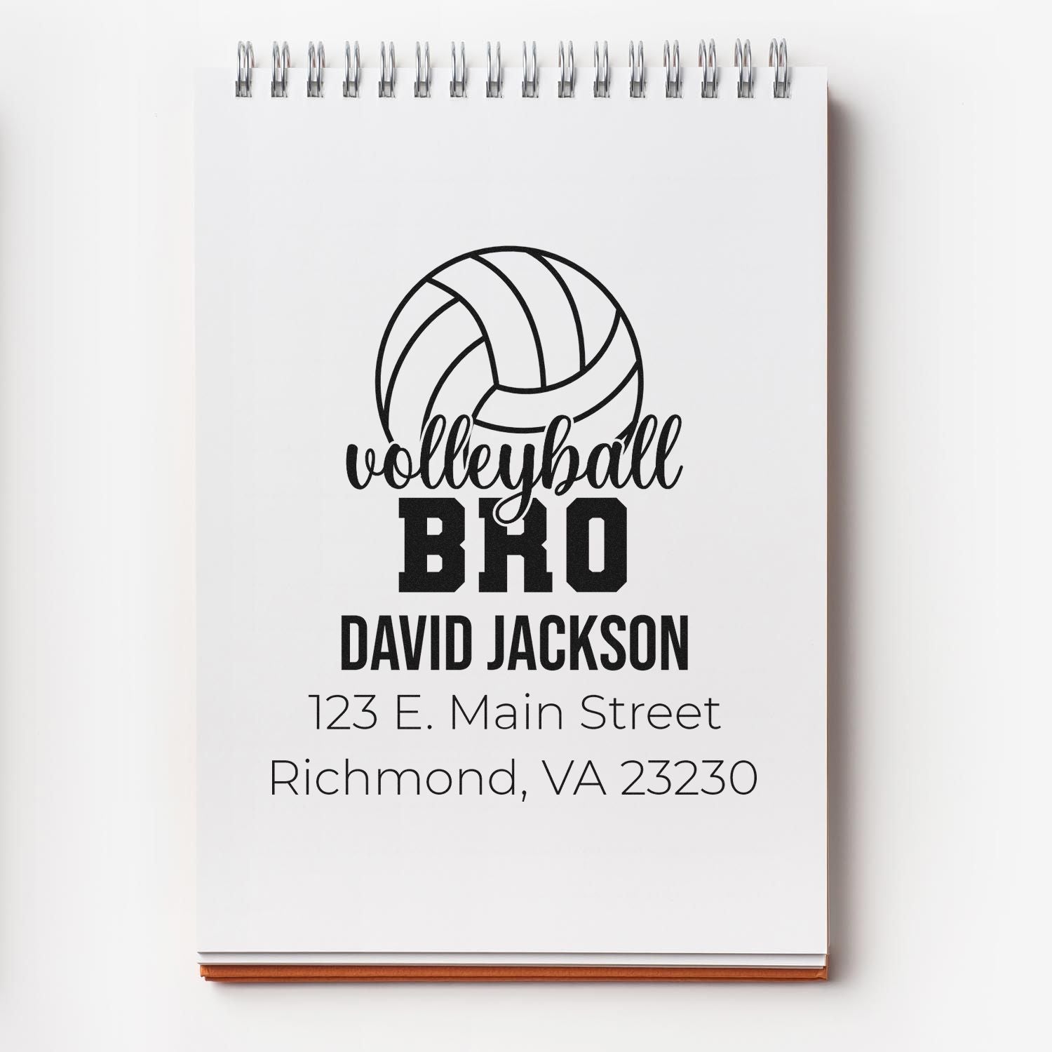 Personalized volleyball bro rubber stamp with name and address for custom sports gift labeling.