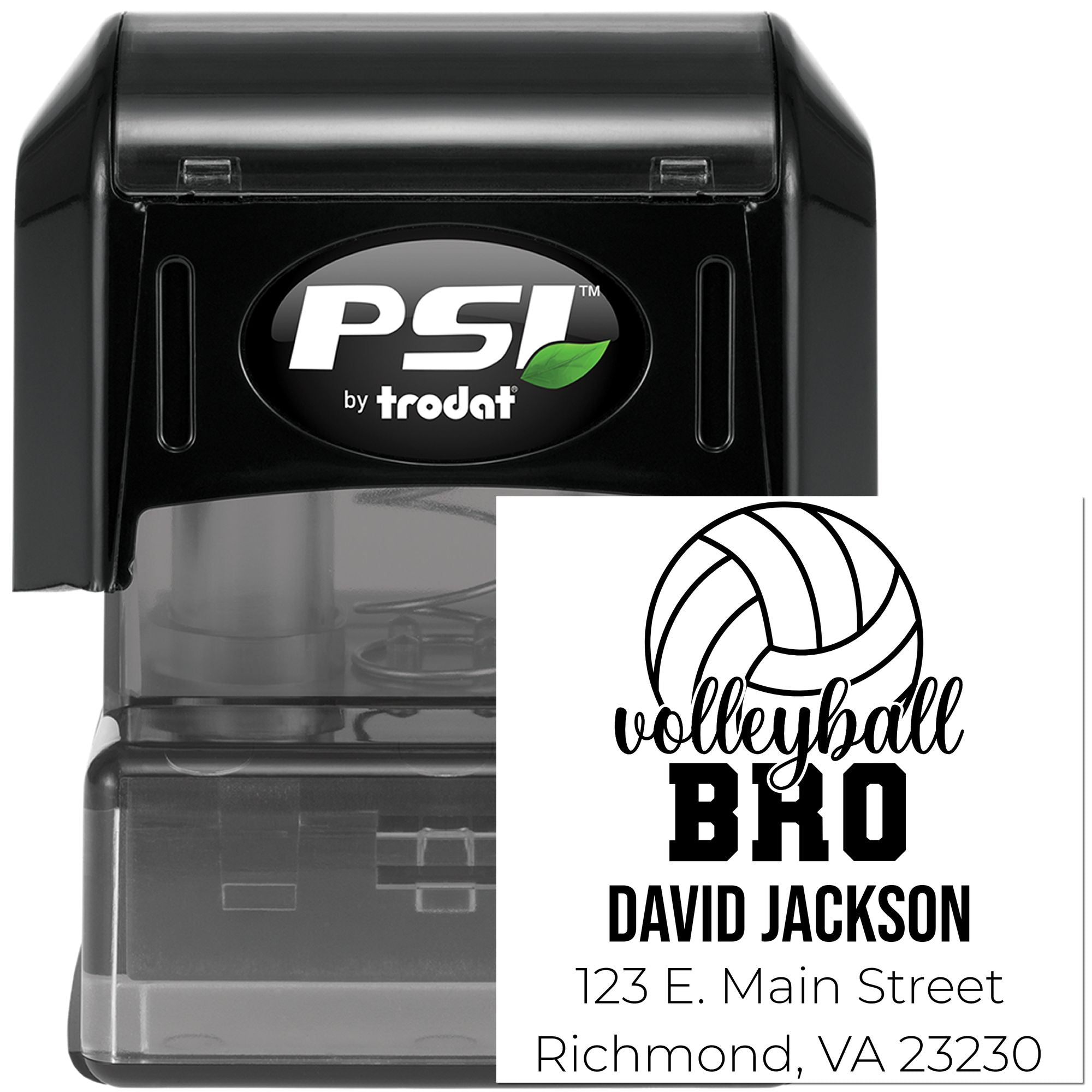 Custom self-inking rubber stamp with volleyball design, name, and address; PSI by Trodat personalized stamp.