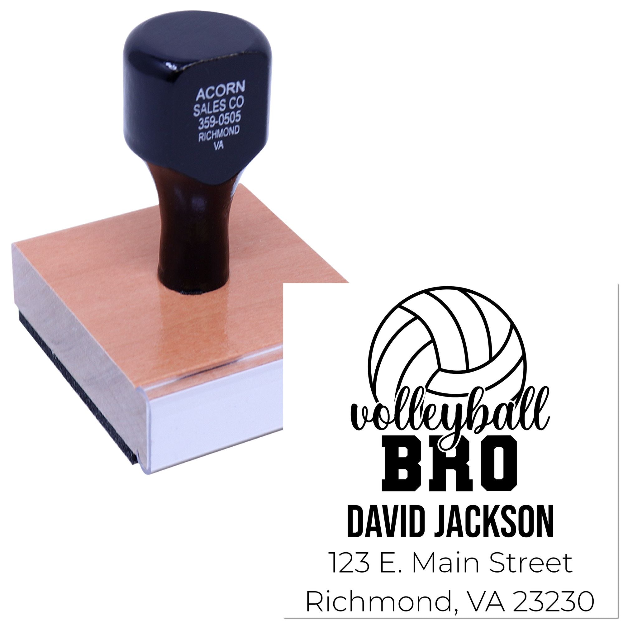 Custom volleyball return address rubber stamp for Bro David Jackson, with personalized name and address.