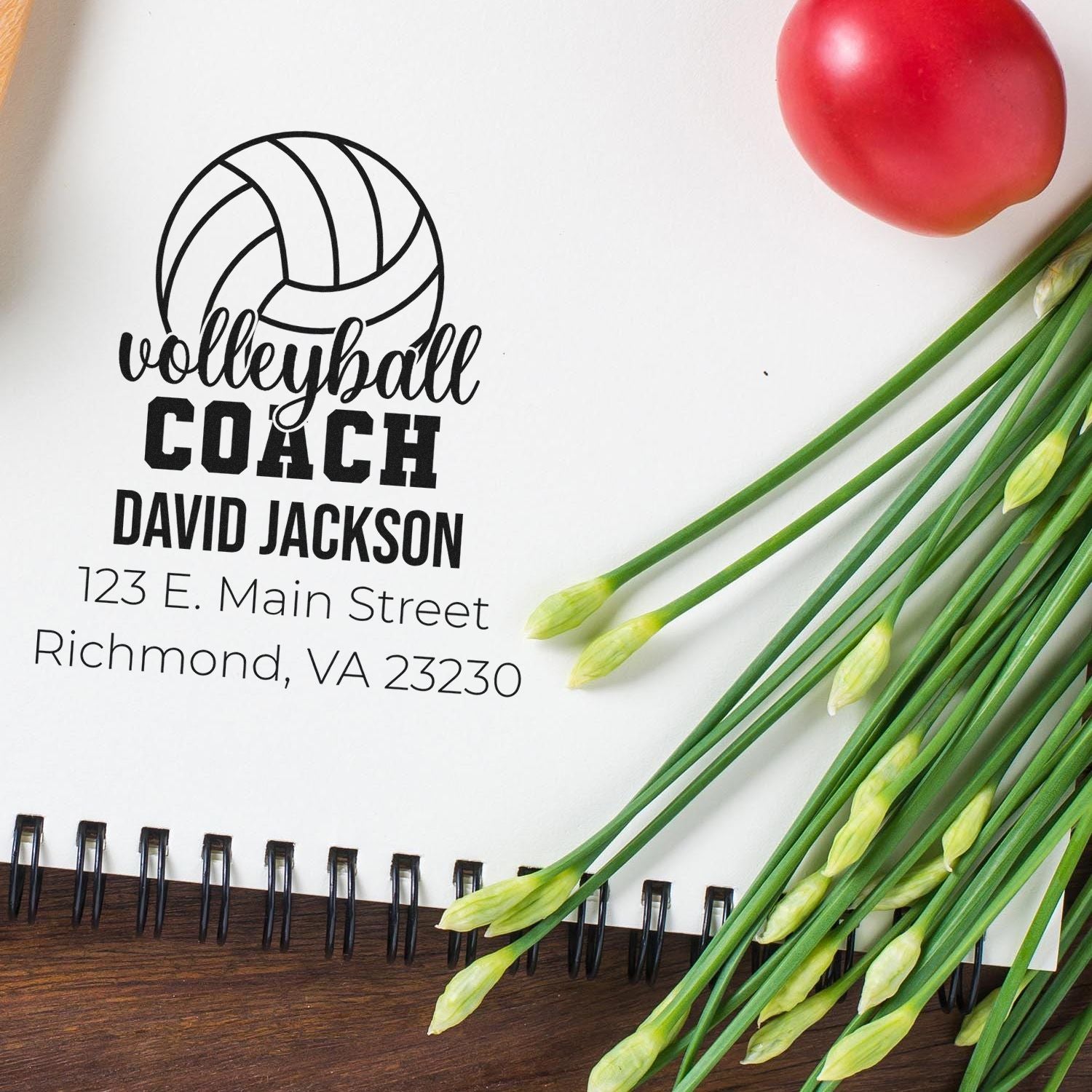 Custom volleyball coach address rubber stamp with volleyball graphic, personalized name, and return address.