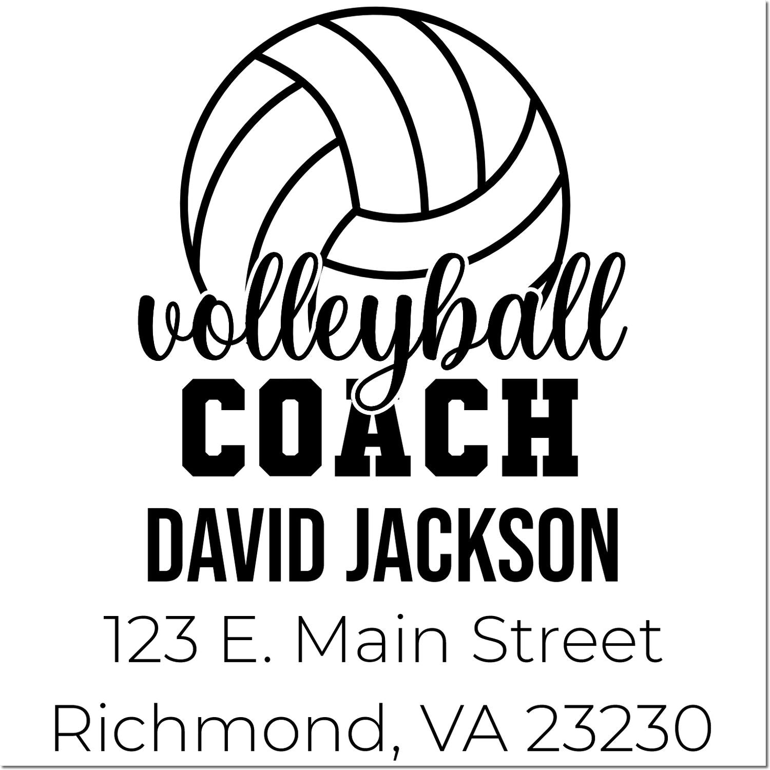 Custom volleyball coach rubber stamp with personalized name, address, and volleyball design for team stationery.