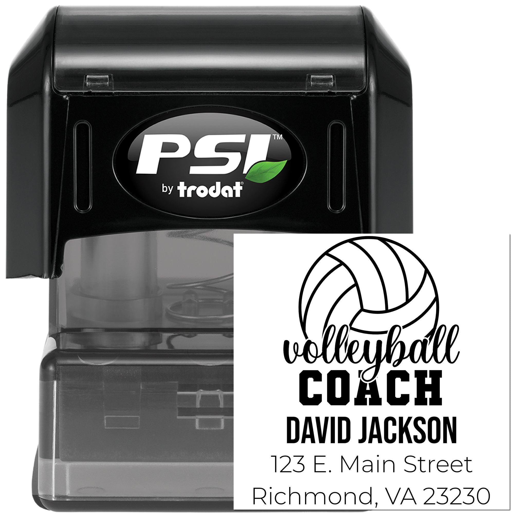 PSI by Trodat self-inking rubber stamp for volleyball coach David Jackson with custom name, address, and volleyball logo.