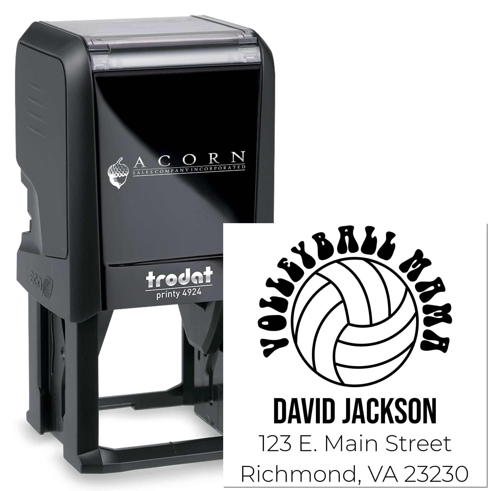 Trodat Printy 4924 custom self-inking rubber stamp with volleyball logo, name, and address for personalized branding.