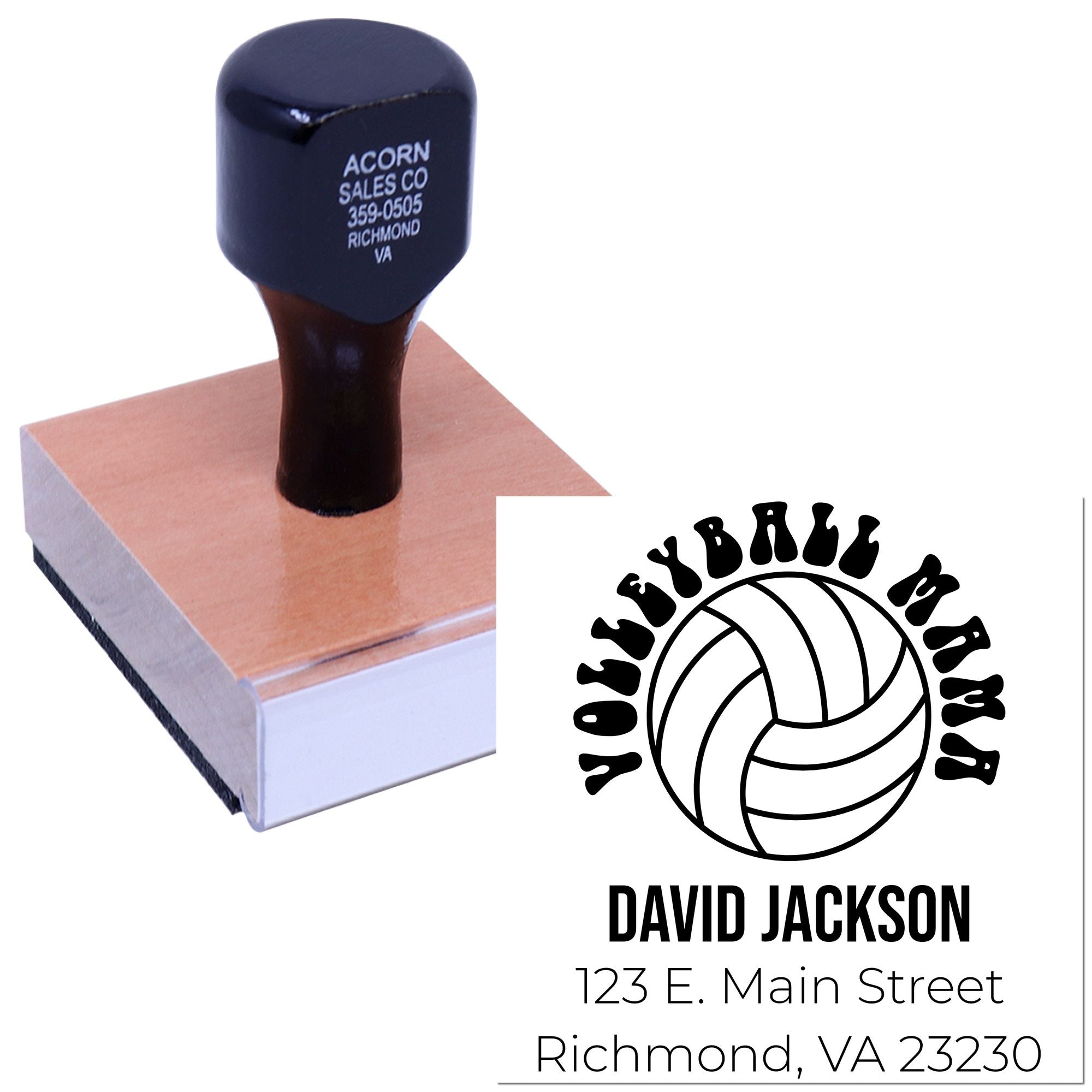 Custom wooden rubber stamp with volleyball logo and personalized name, address, and contact details for team branding.