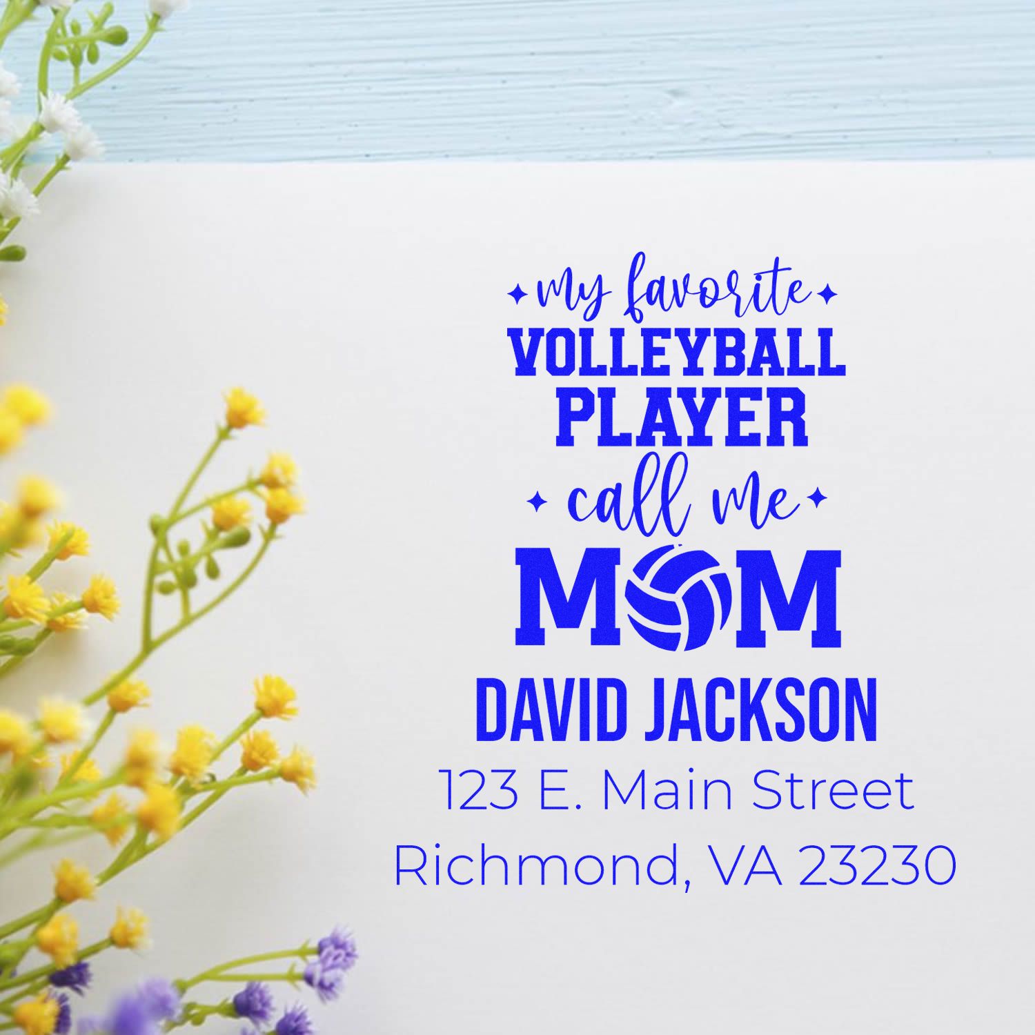 Custom volleyball mom rubber stamp with personalized name and address for David Jackson in Richmond, VA.