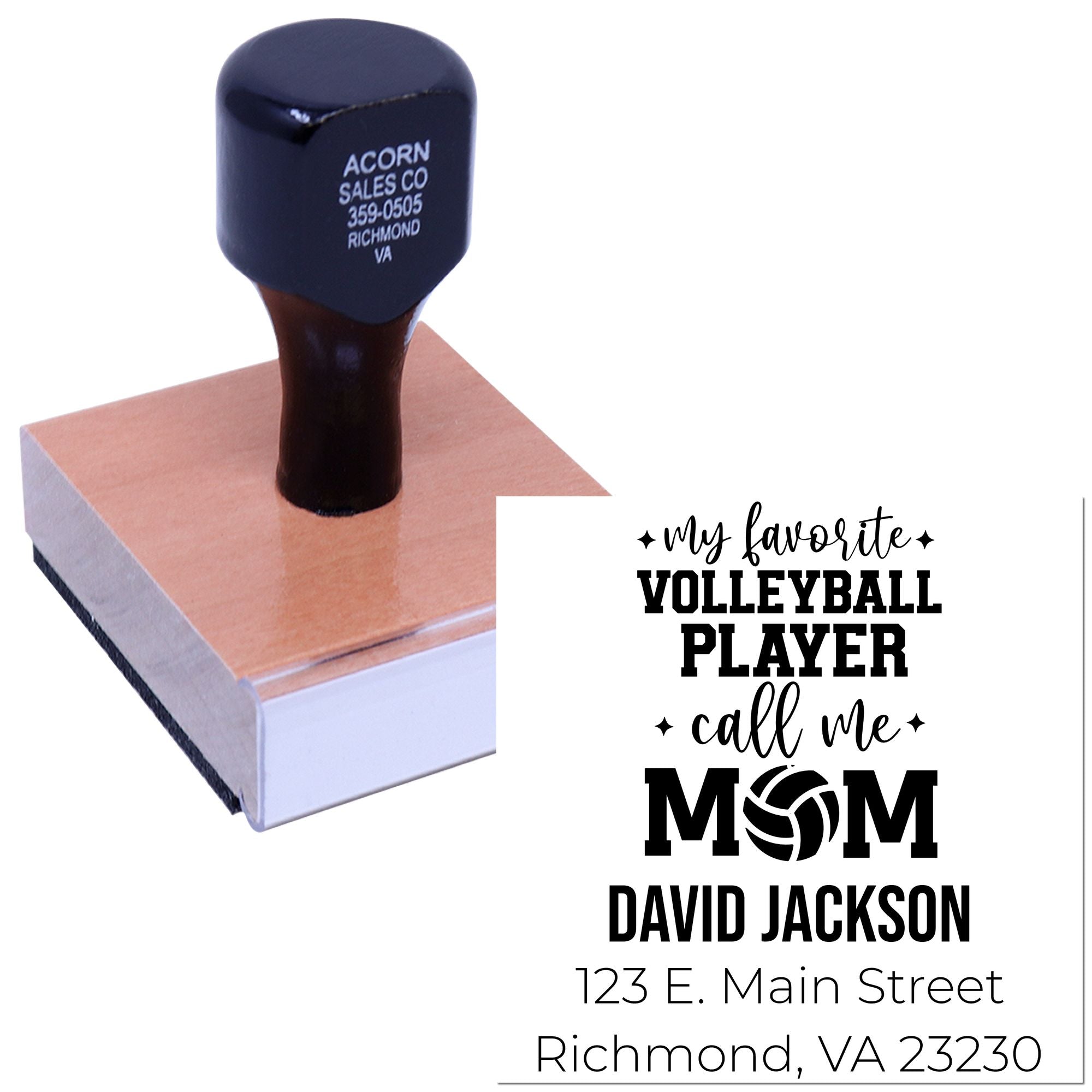Personalized self-inking rubber stamp for volleyball mom gift, featuring custom volleyball design, name, and address.