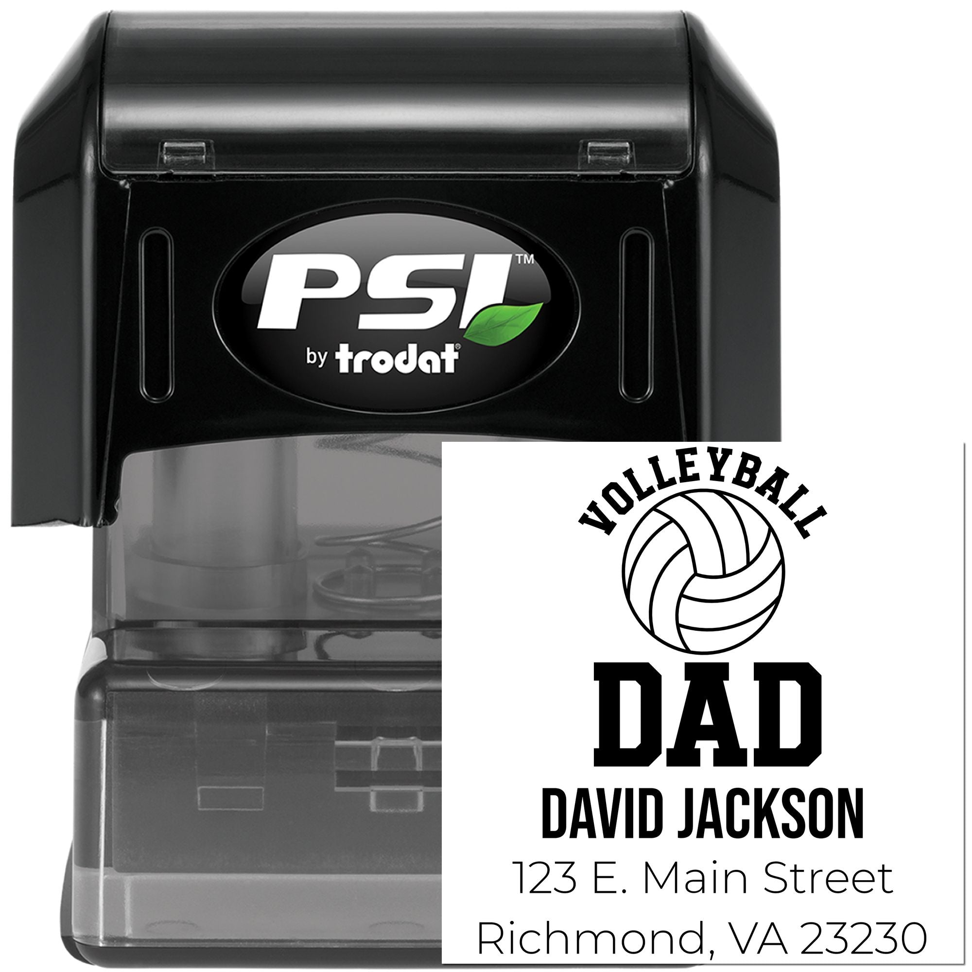 Custom self-inking rubber stamp for volleyball dad, featuring personalized name, address, and PSI by Trodat design.