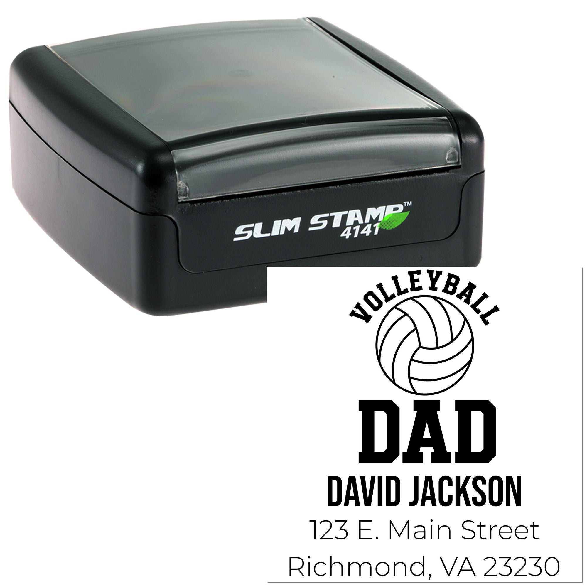 Custom self-inking rubber stamp for volleyball dad David Jackson with name, address and team logo for personalized mailing.