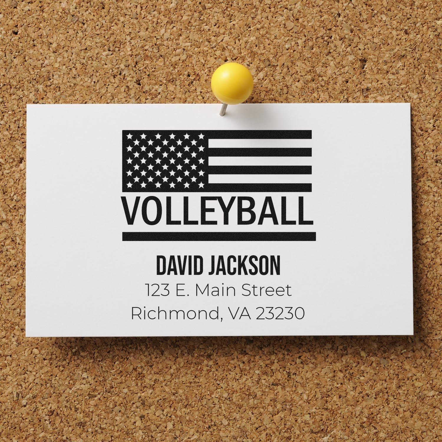 Personalized volleyball rubber stamp with American flag design, David Jackson name, and Richmond, VA address.