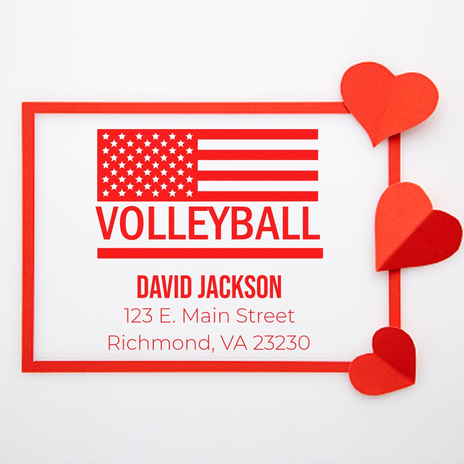 Personalized volleyball rubber stamp with American flag design, David Jackson, Richmond, VA return address