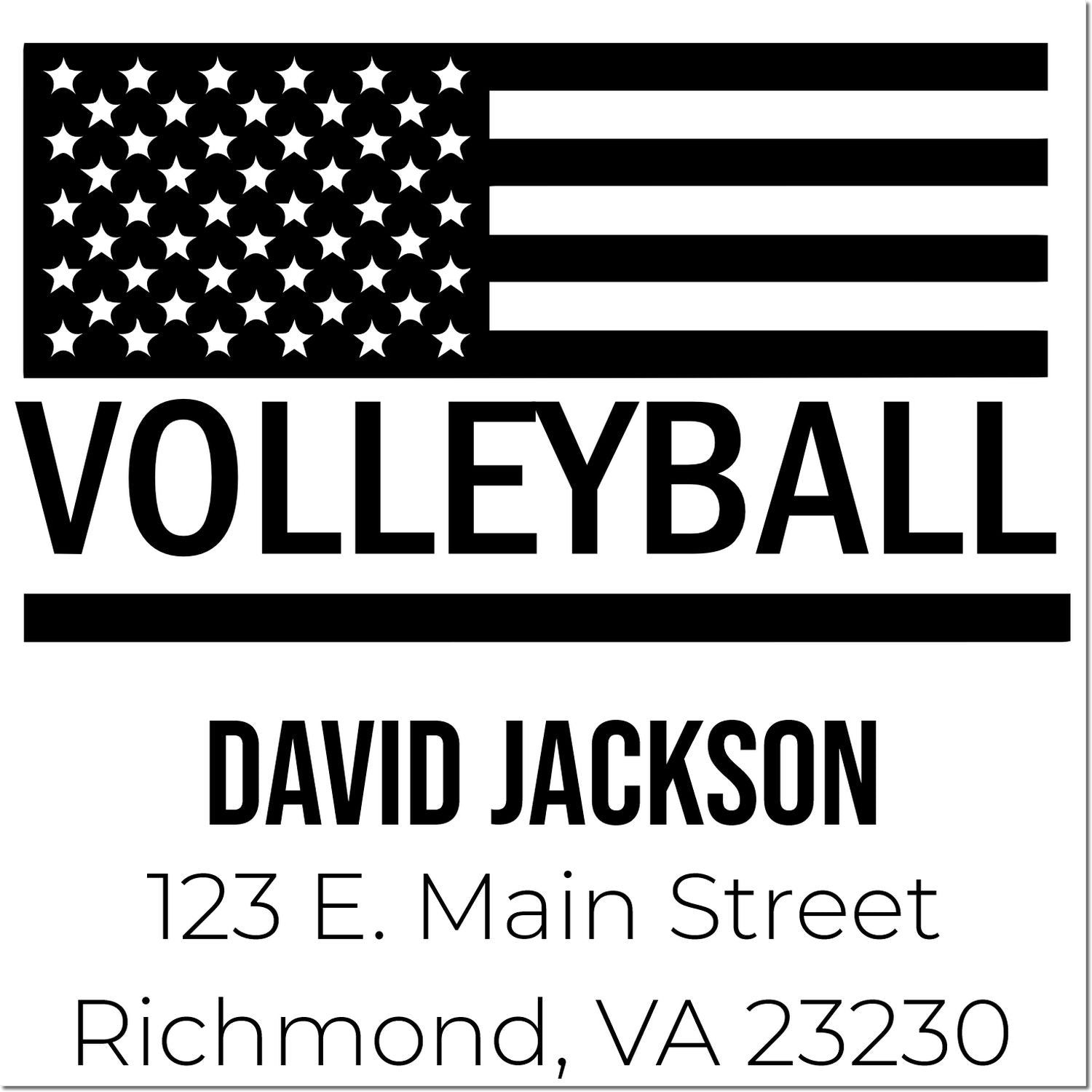 Personalized volleyball rubber stamp with American flag design, David Jackson, and Richmond, VA return address.