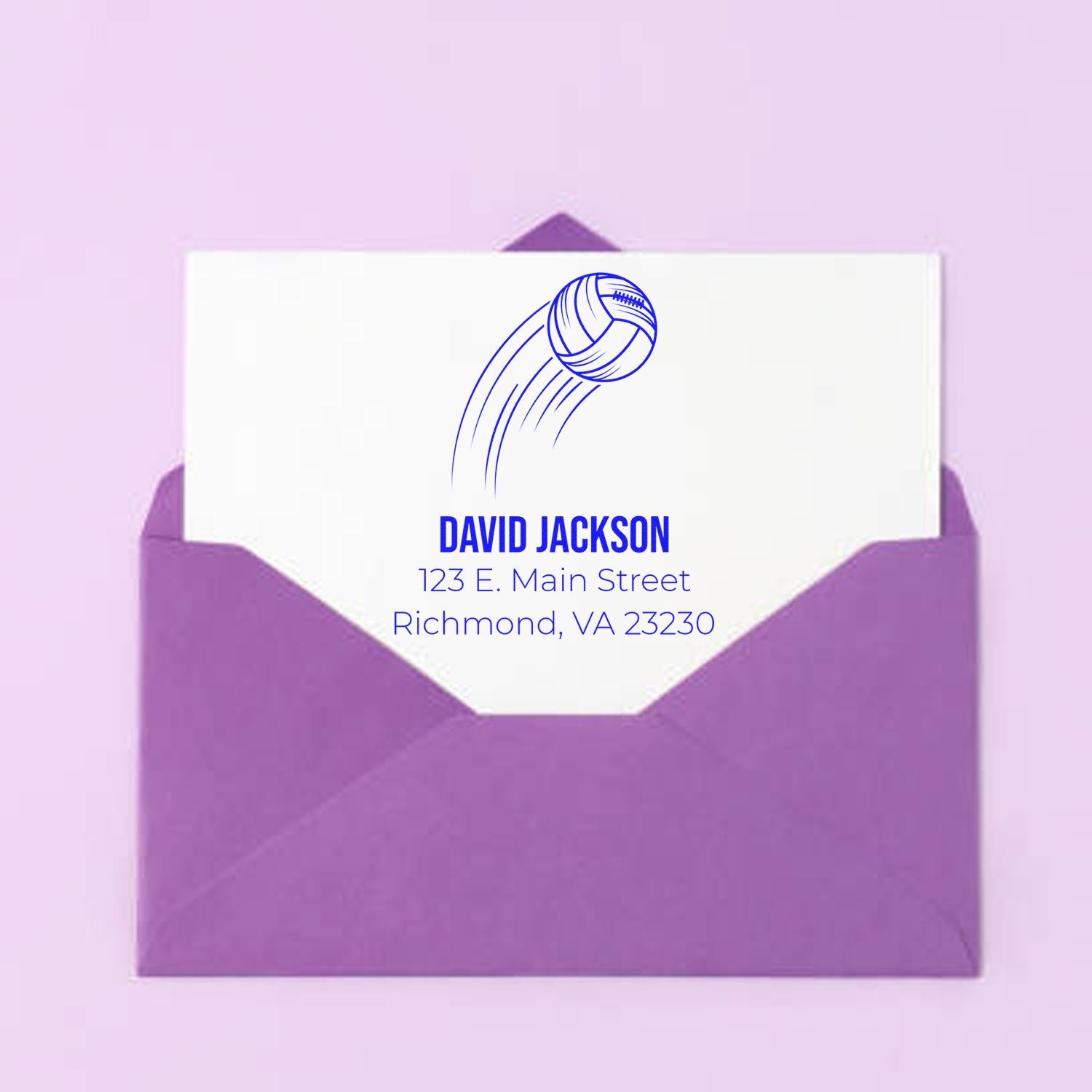 Custom rubber stamp on purple envelope with volleyball logo, David Jackson name, and return address in Richmond, VA