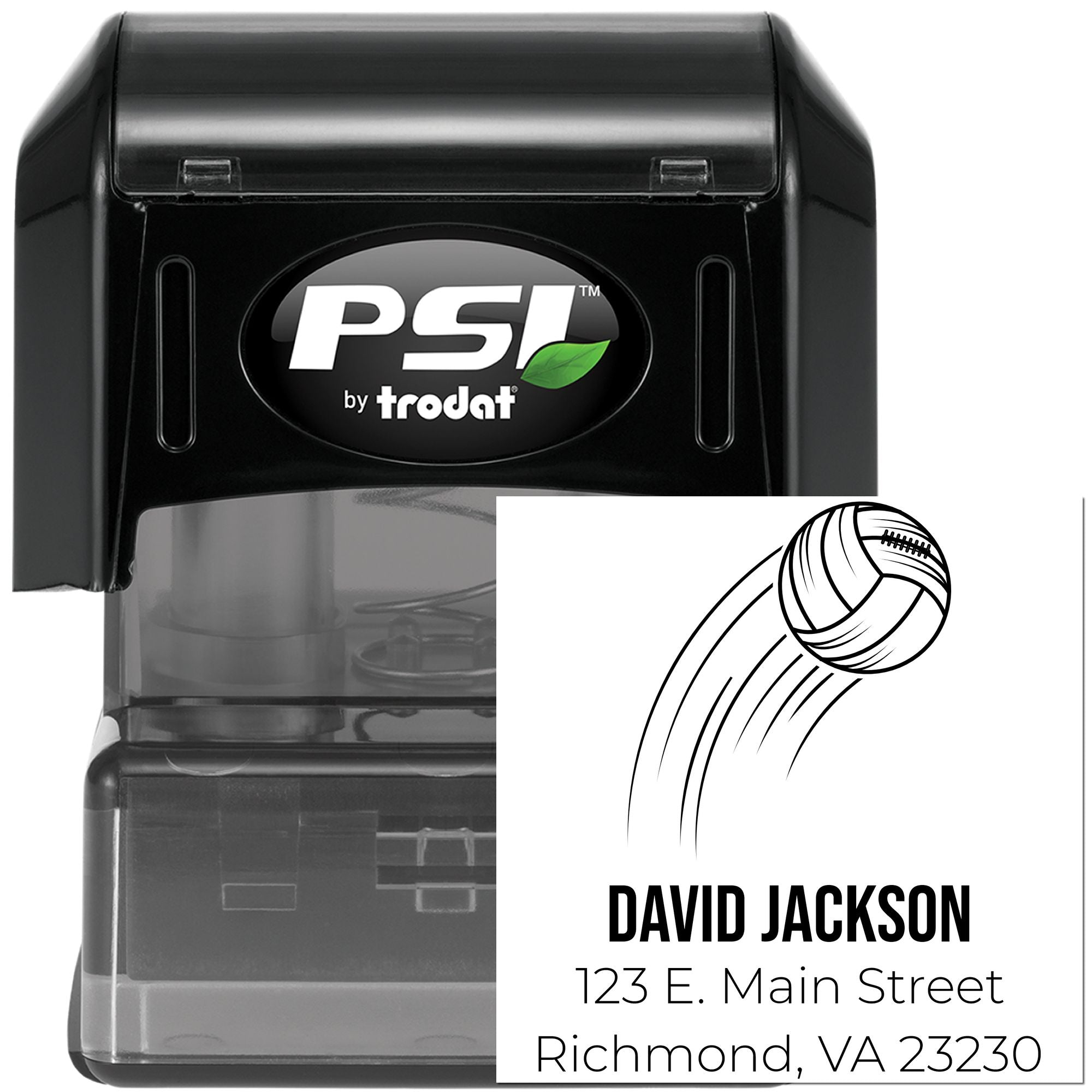 Custom self-inking PSI Trodat rubber address stamp with basketball logo for personalized mailings.