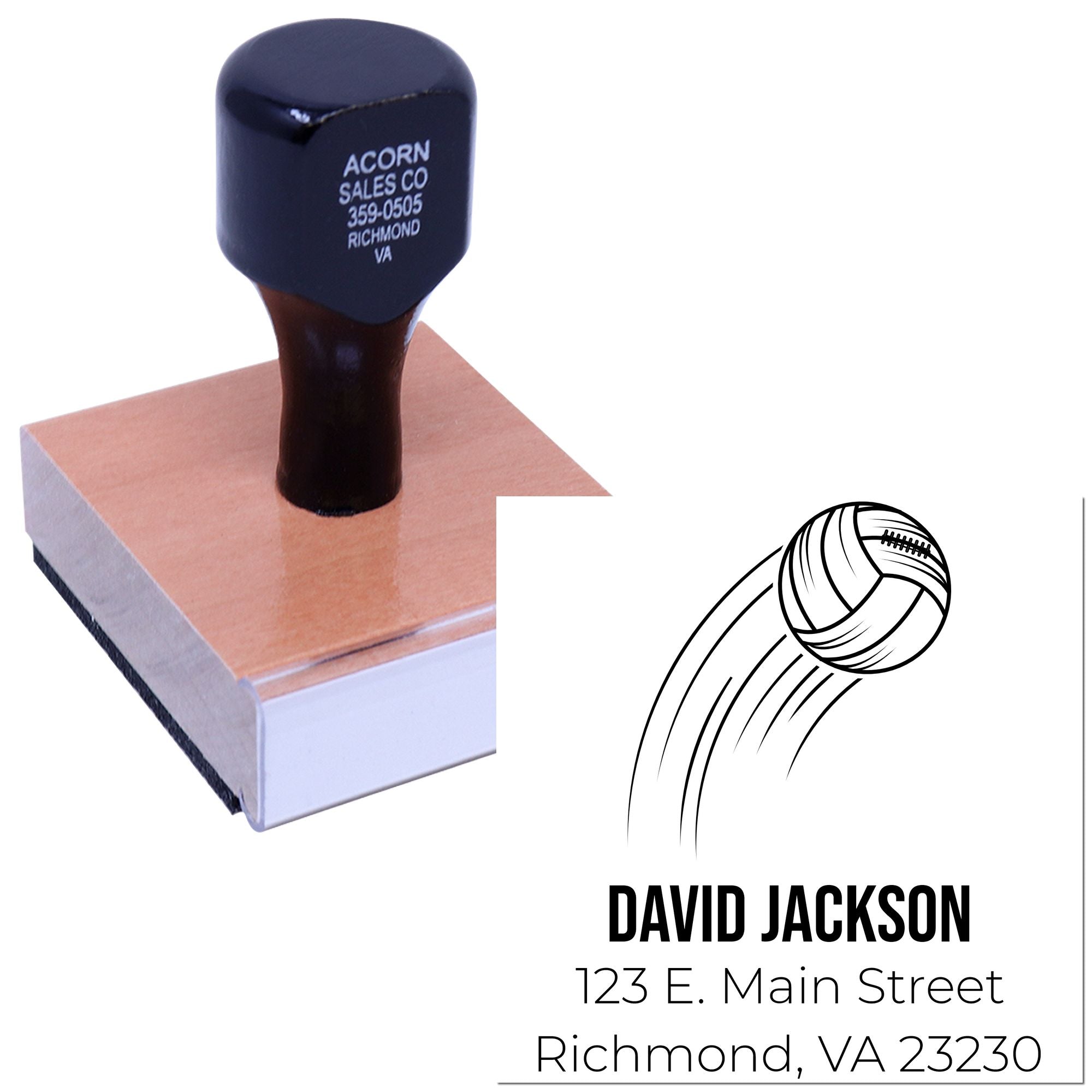 Custom self-inking rubber stamp with volleyball logo and personalized return address for David Jackson.