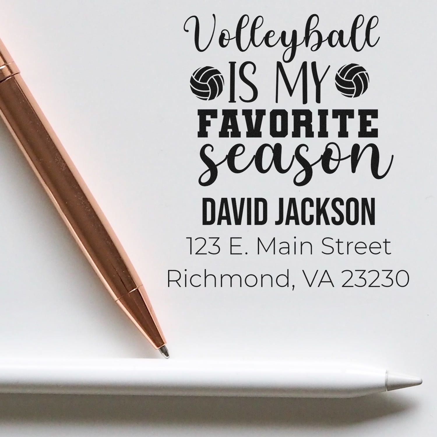 Custom volleyball address stamp with Volleyball Is My Favorite Season and personalized name and address.