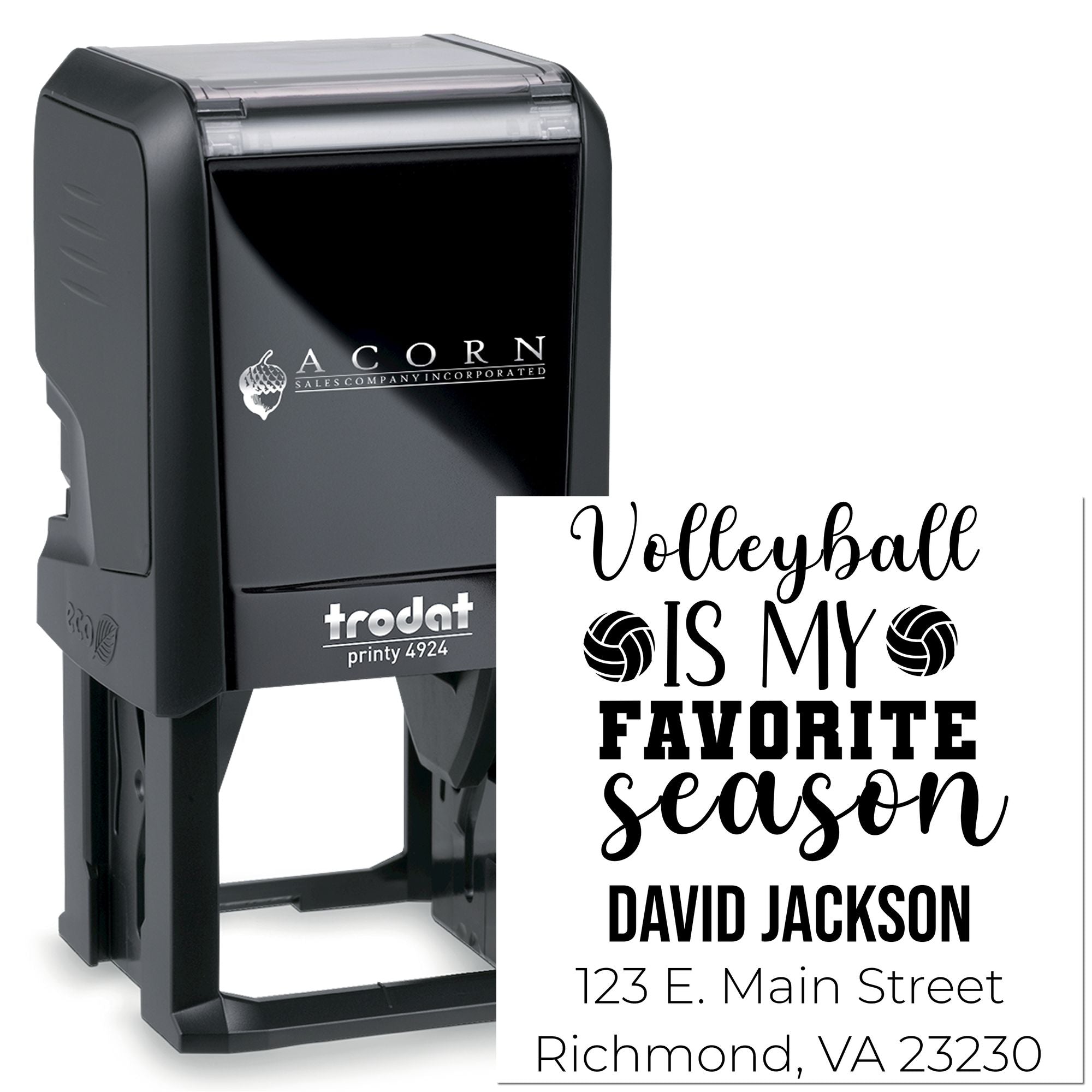 Custom self-inking Trodat rubber stamp with volleyball design, personalized name, and address for favorite season stamping.