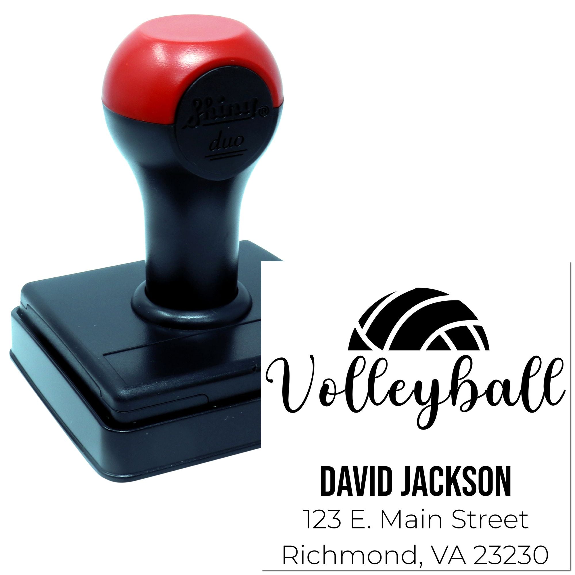 Custom self-inking rubber stamp with volleyball logo and custom address imprint for David Jackson, Richmond, VA.