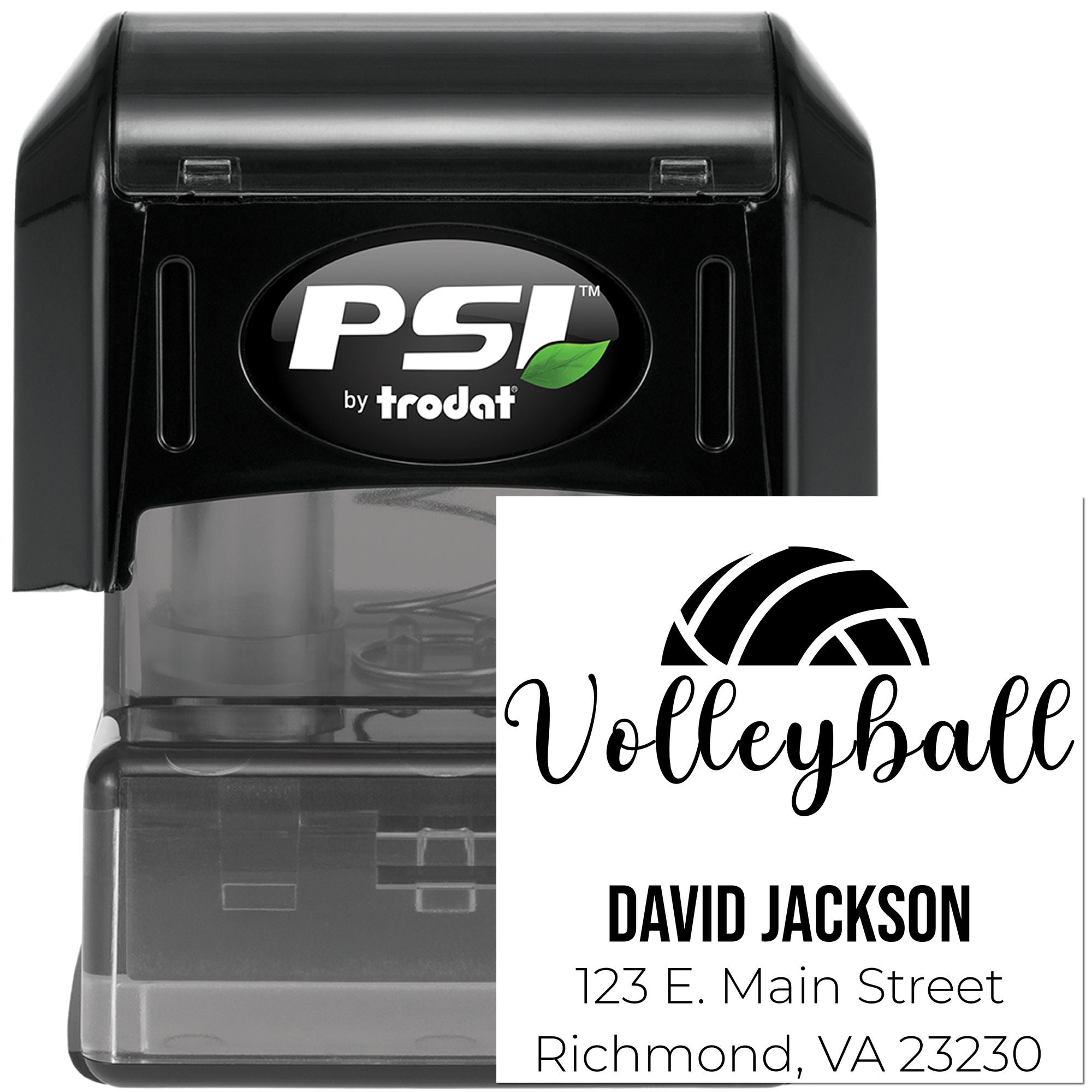 PSI by Trodat custom self-inking rubber stamp with volleyball logo and personalized name and address imprint.
