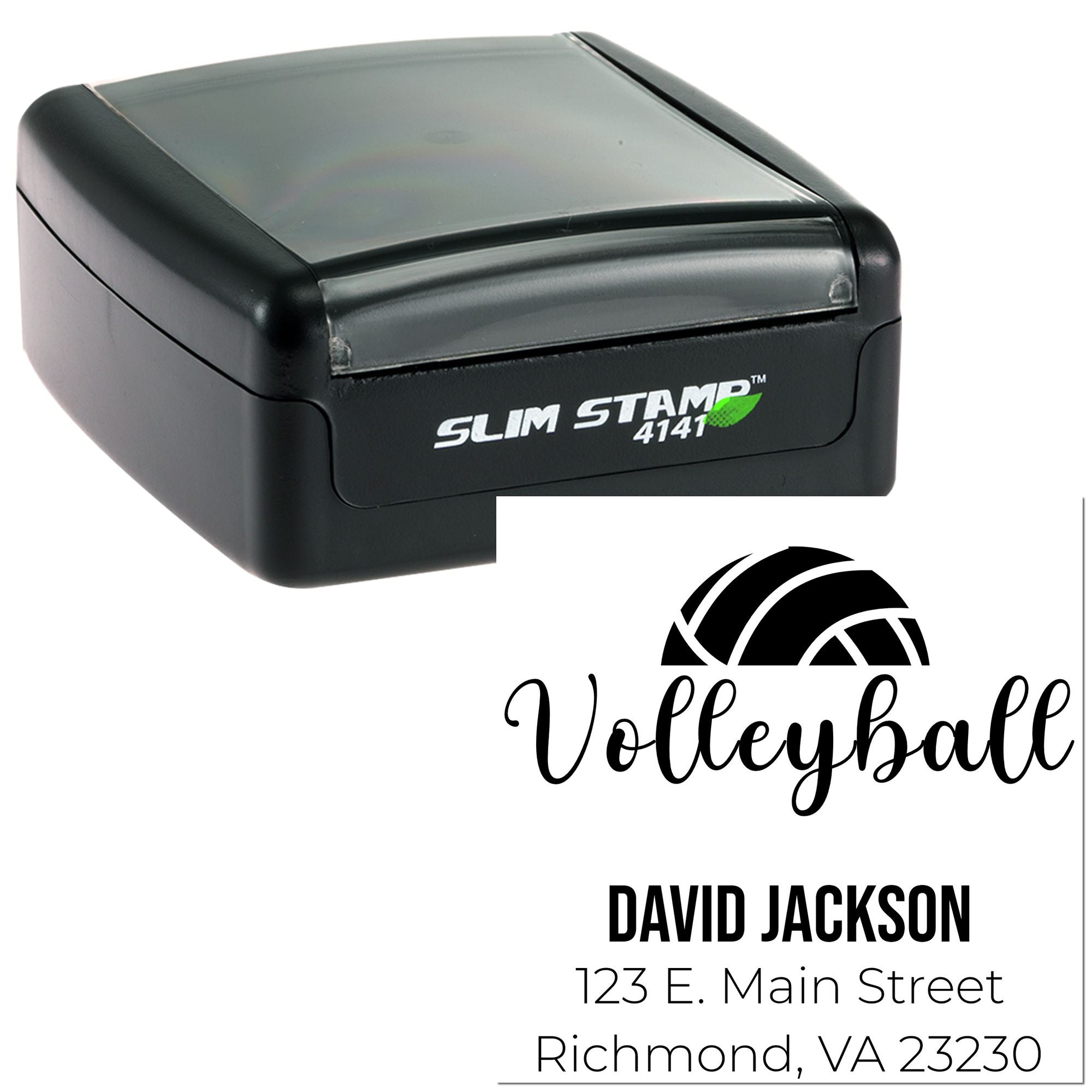 Custom self-inking rubber address stamp with volleyball logo, name, and Richmond VA return address.