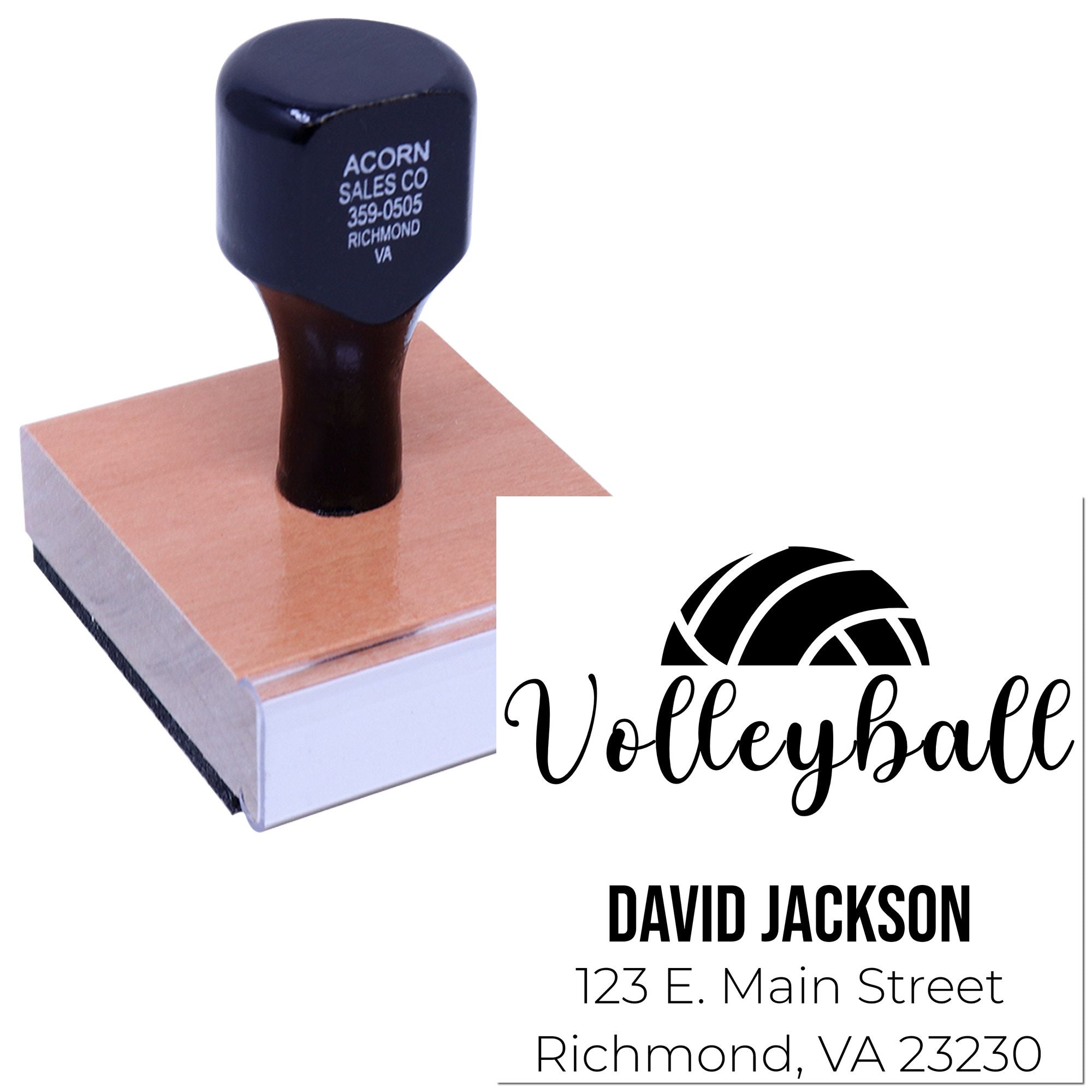 Custom volleyball rubber stamp with personalized name and address imprint for team or club branding