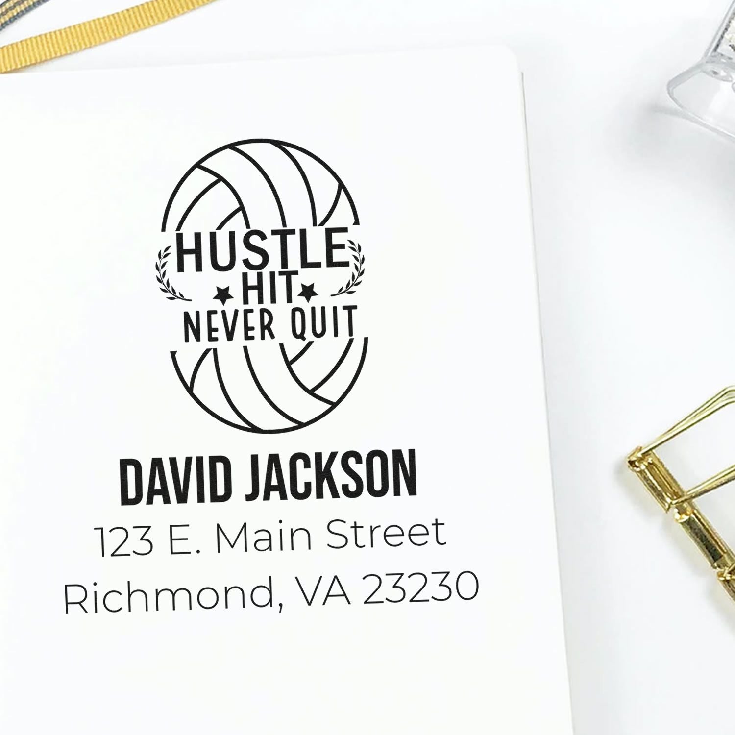 Custom basketball rubber stamp with Hustle Hit Never Quit slogan, name, and Richmond, VA return address.