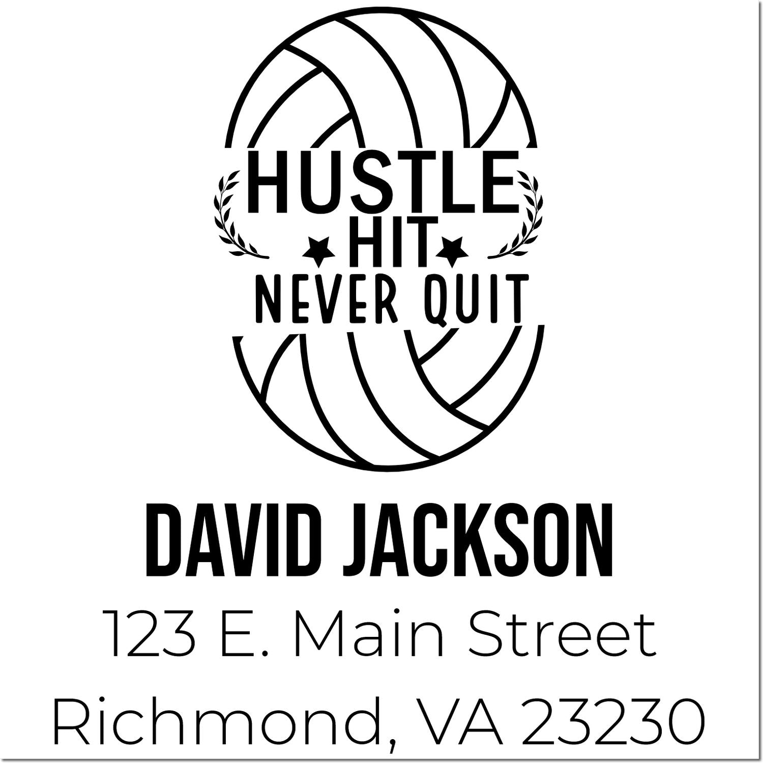 Personalized basketball-themed address stamp with Hustle Hit Never Quit, David Jackson name, and Richmond, VA address.