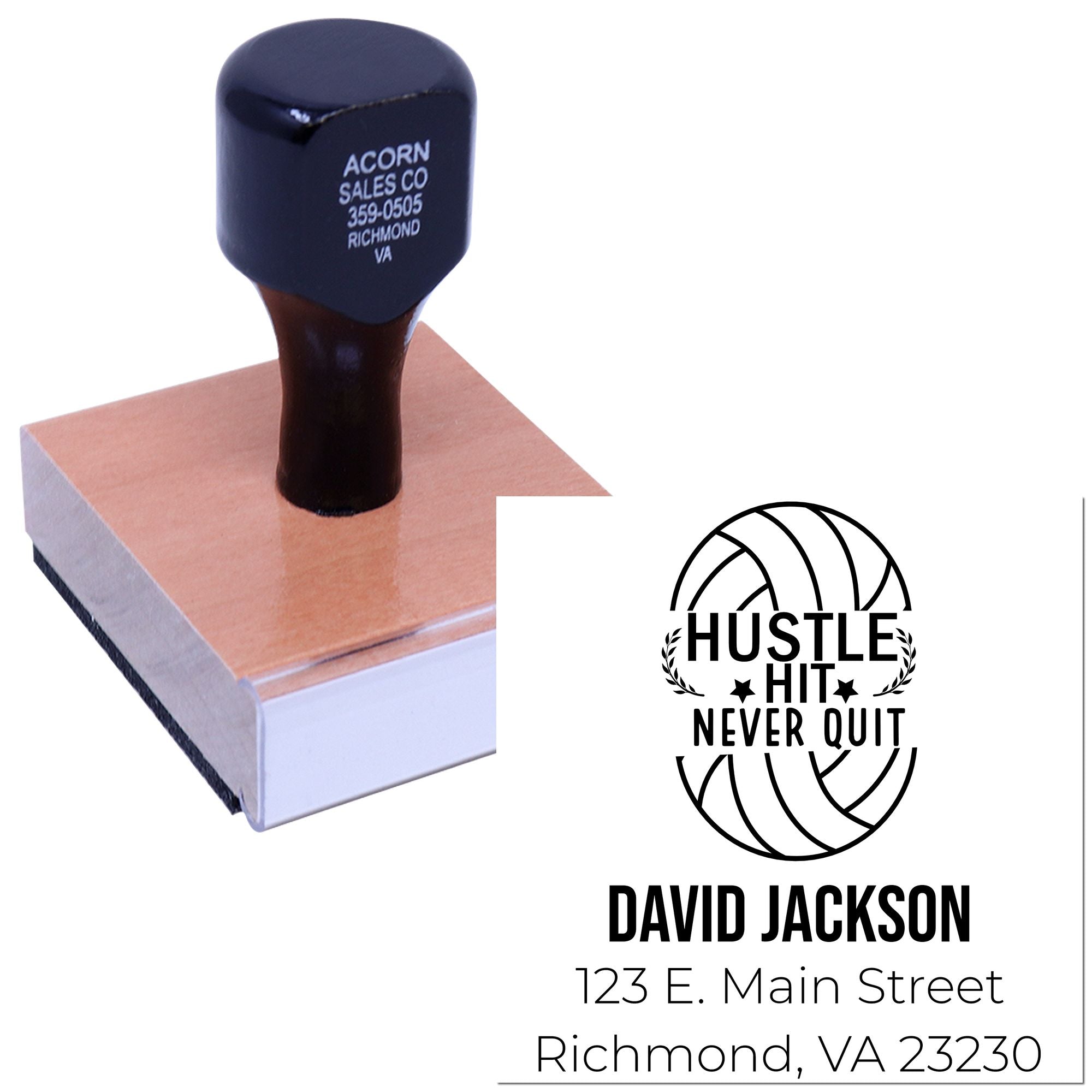 Custom rubber address stamp with logo and motivational design for David Jackson, featuring Hustle Hit Never Quit.