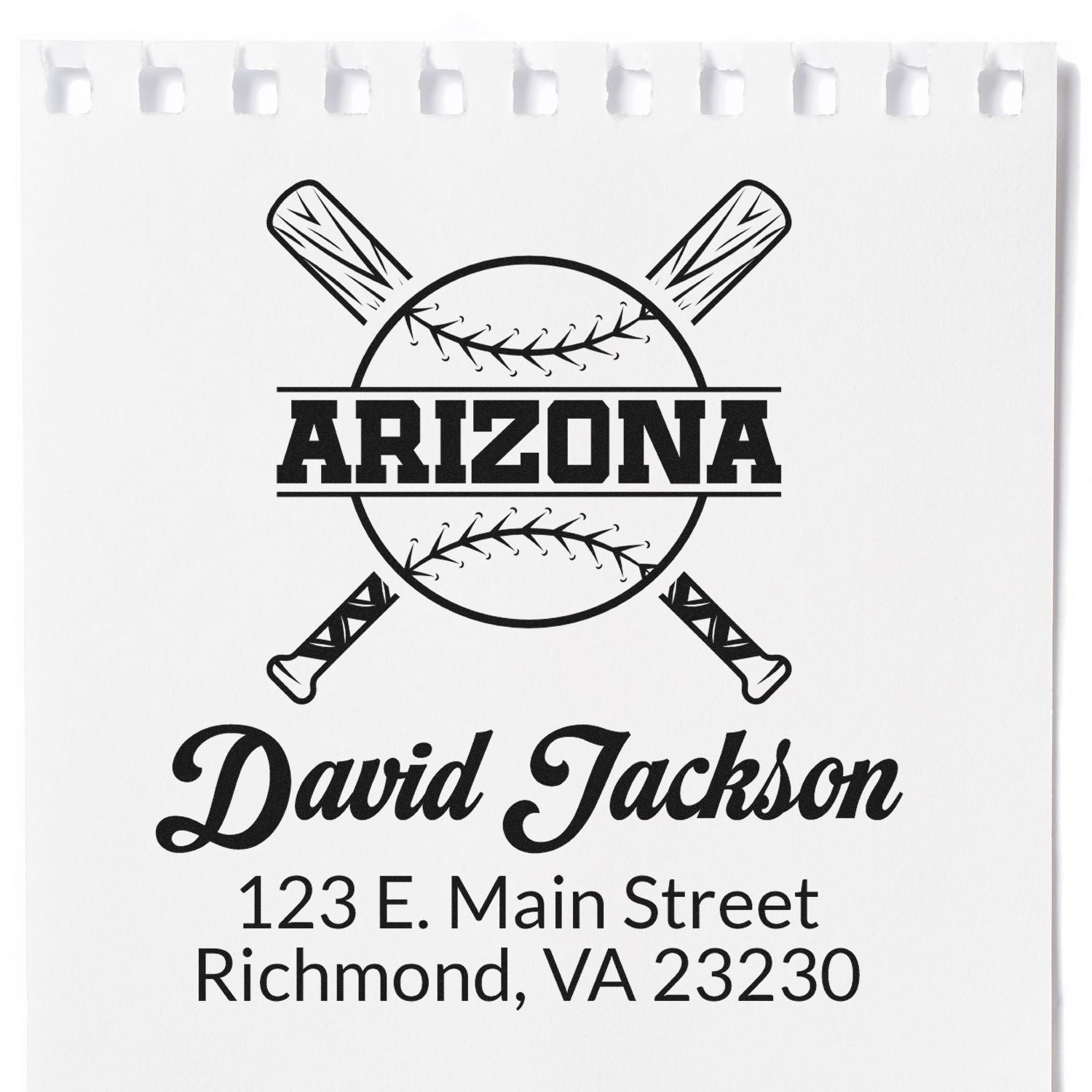 Custom Arizona baseball return address rubber stamp with bats, David Jackson name, and Richmond, VA address for mailing.