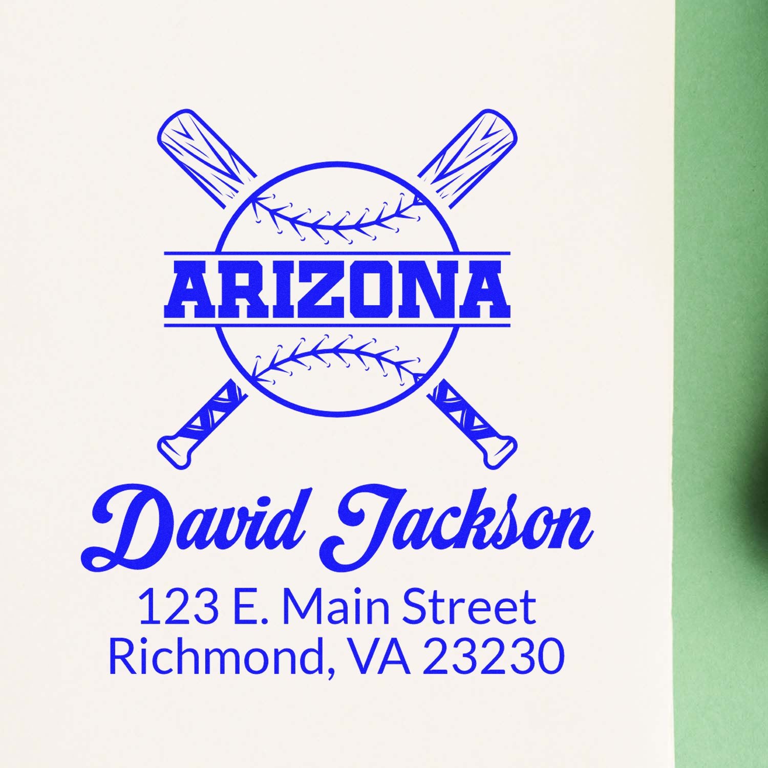 Custom Arizona baseball return address rubber stamp for David Jackson, 123 E. Main Street, Richmond, VA 23230.