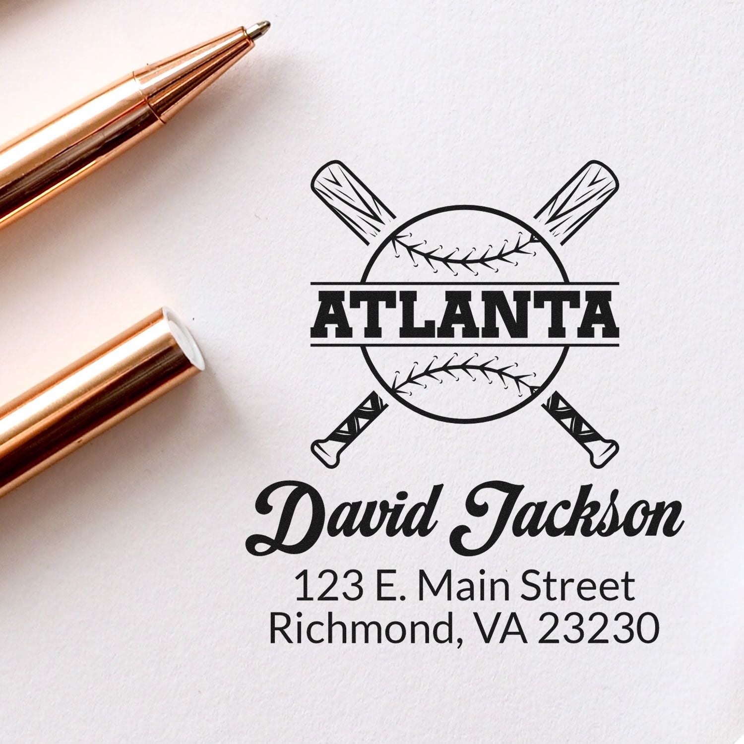 Custom baseball rubber stamp with Atlanta logo, David Jackson name, and return address for personalized mailing.