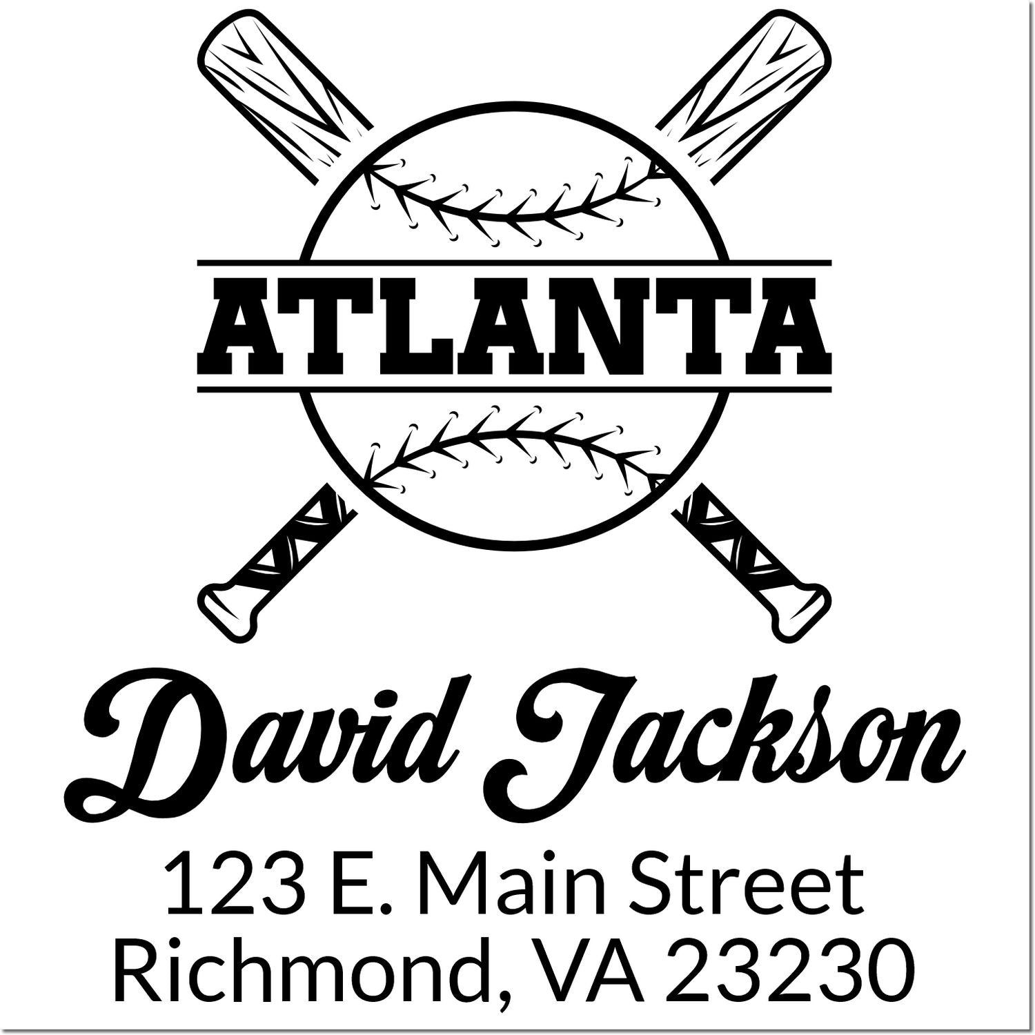 Custom Atlanta baseball rubber stamp with bats, ball, David Jackson name, and Richmond, VA address for personalized sports mailings.