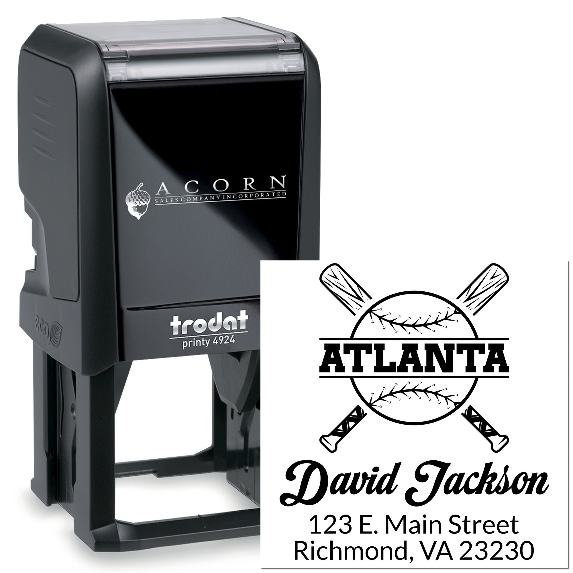 Trodat self-inking custom rubber stamp with baseball logo, name, and address for personalized business branding.