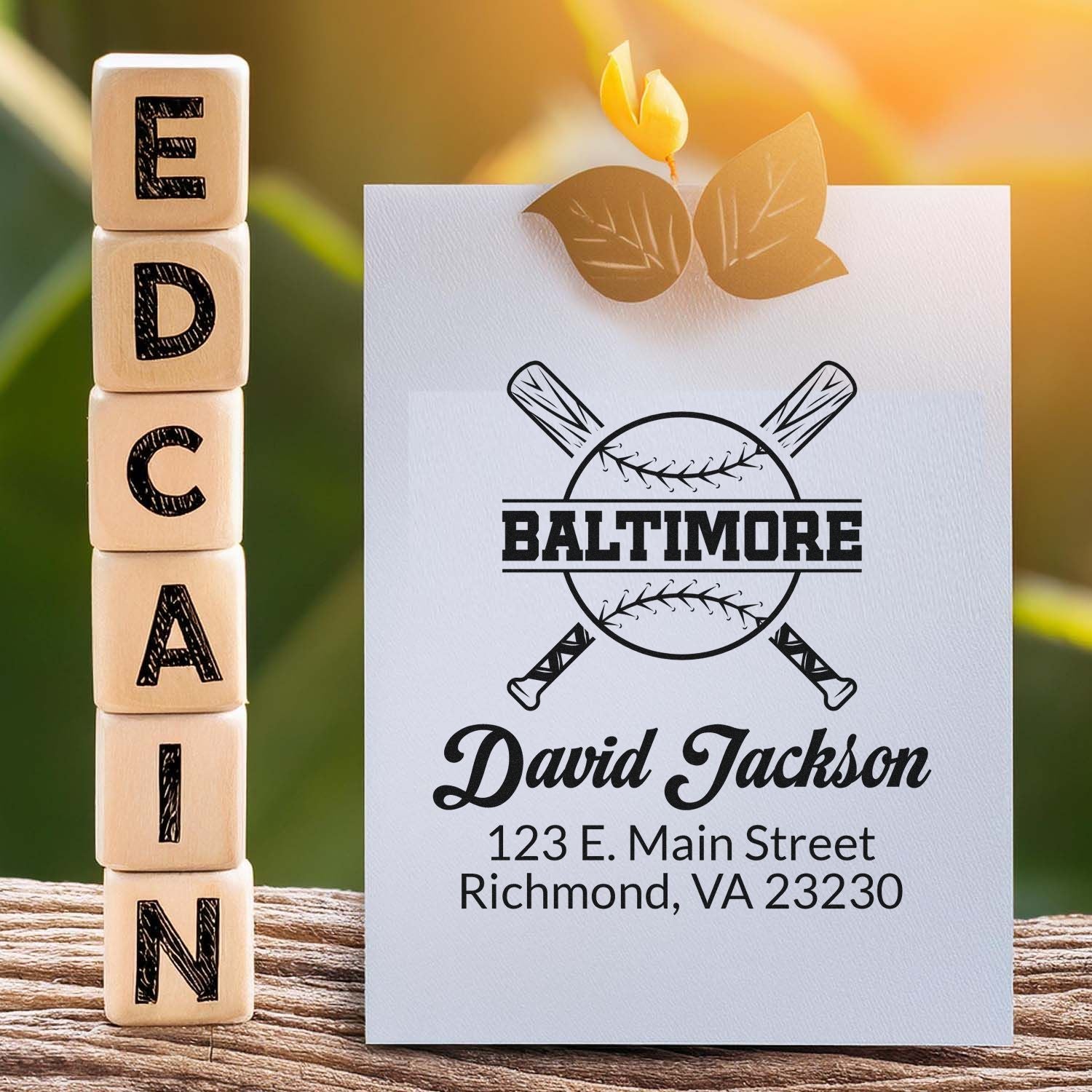 Personalized baseball rubber stamp with Baltimore logo, David Jackson name, and Richmond, VA address for custom return mail use