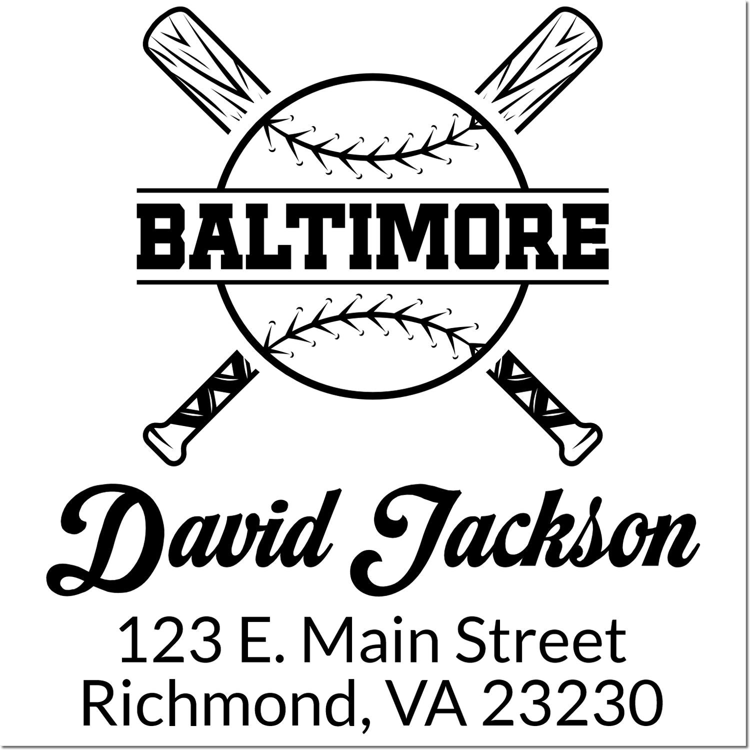 Personalized baseball rubber stamp with Baltimore design, David Jackson name, and Richmond VA return address.
