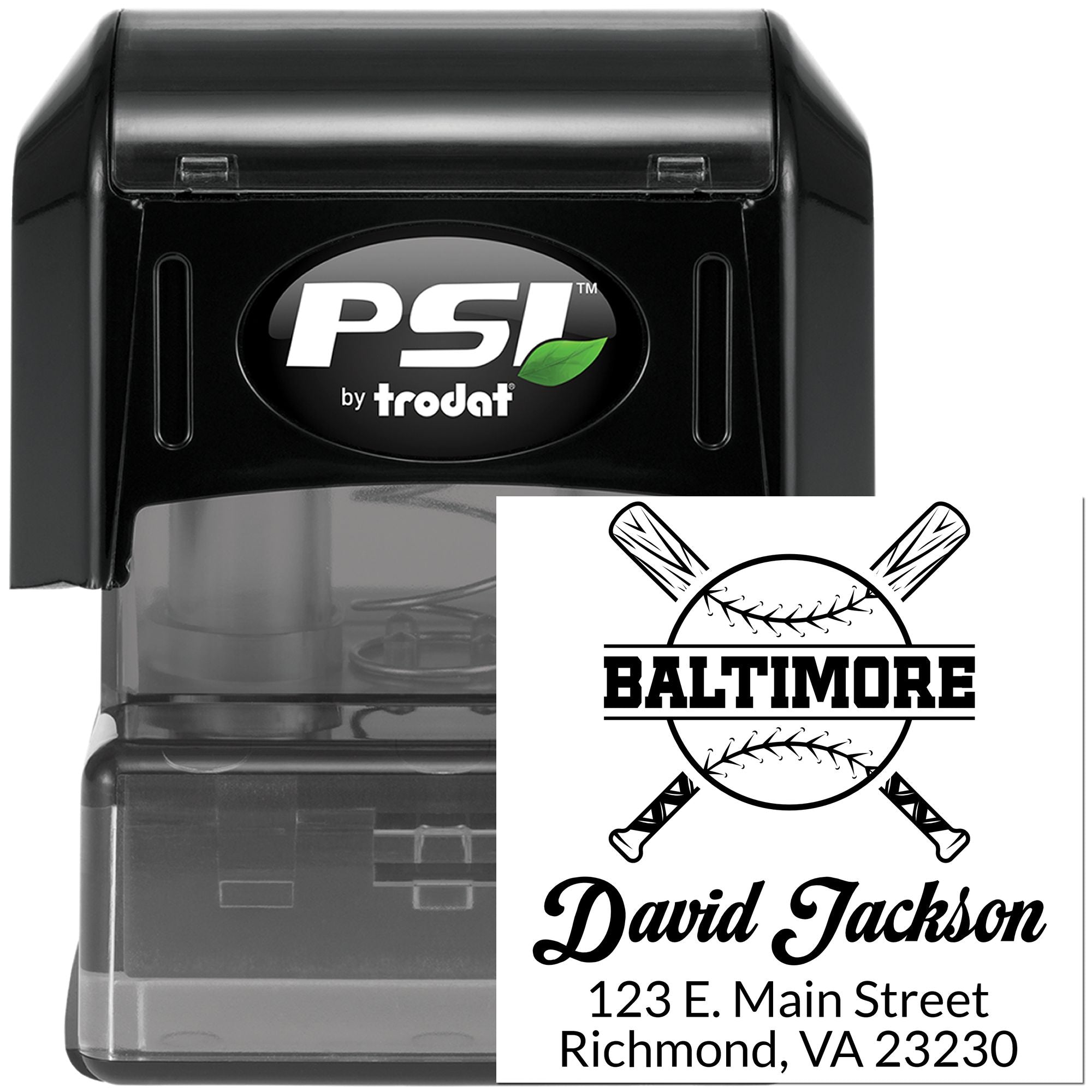 PSI by Trodat custom rubber stamp for baseball fans, showing Baltimore name and address imprint for personalized mailing.
