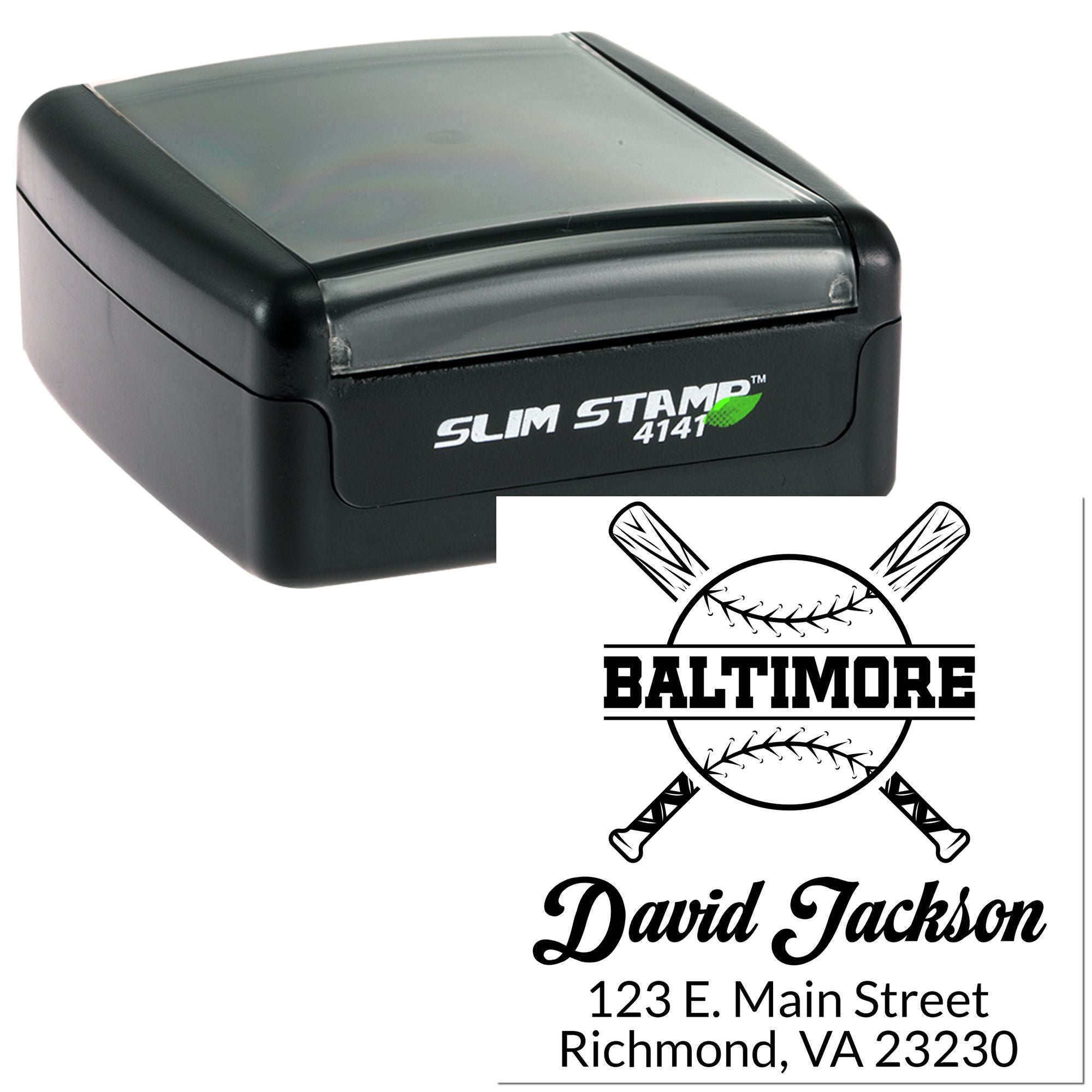 Custom baseball self-inking rubber stamp with Baltimore logo, David Jackson name, and Richmond address for personalized mailing.