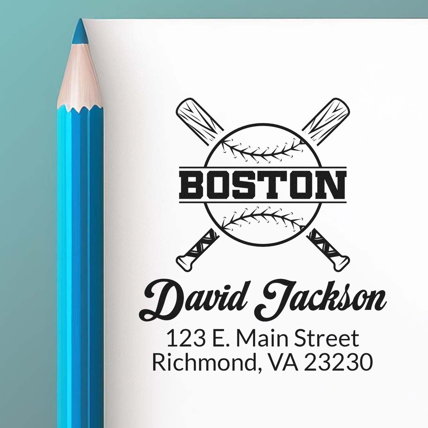 Custom Boston baseball rubber stamp with crossed bats, personalized name, and return address for mail and stationery.
