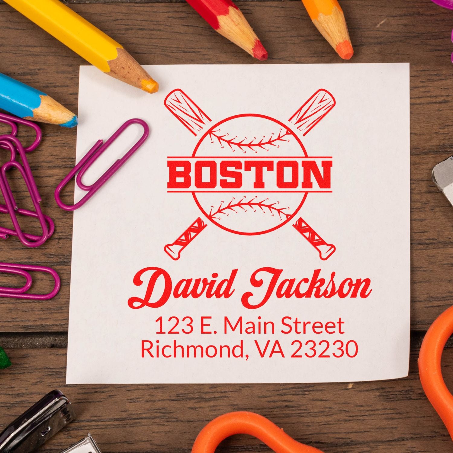 Custom Boston baseball address rubber stamp with name and Richmond, VA mailing details for personalized stationery.