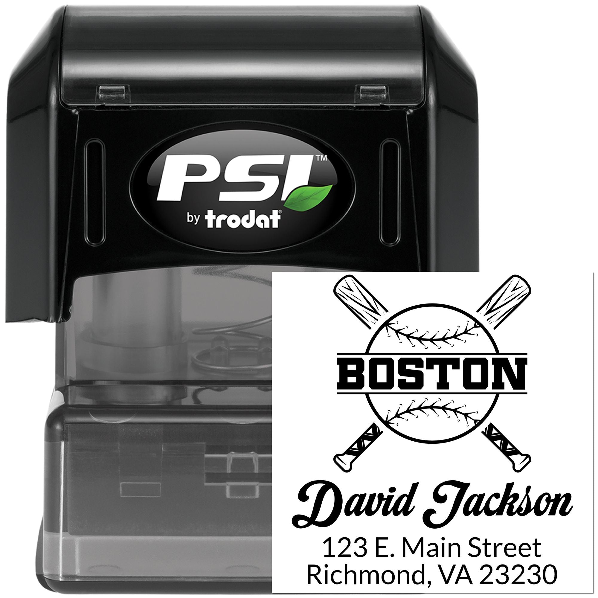 Custom Boston baseball self-inking rubber stamp by PSI Trodat for personalized name and address return address printing.