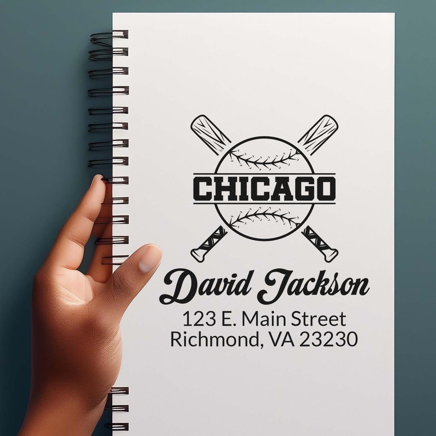 Personalized baseball rubber stamp with Chicago logo, name, and address for return address labels, branding, or sports gifts.