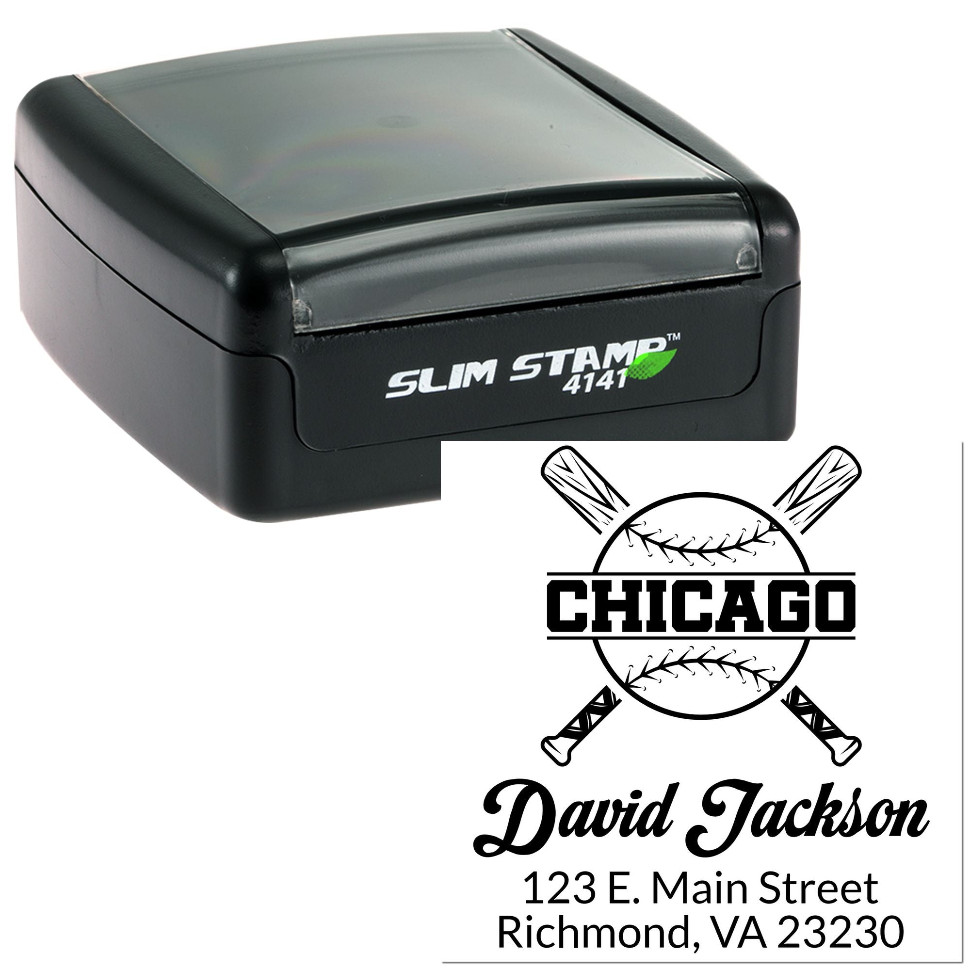 Custom Slim Stamp rubber stamp with Chicago baseball logo, David Jackson name, and Richmond, VA address.
