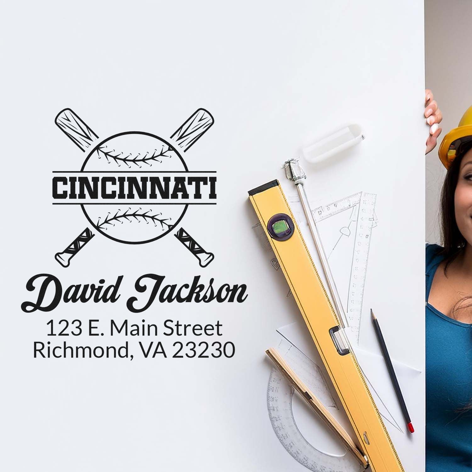 Custom Cincinnati baseball rubber stamp with name and address, featuring crossed bats logo for business branding.