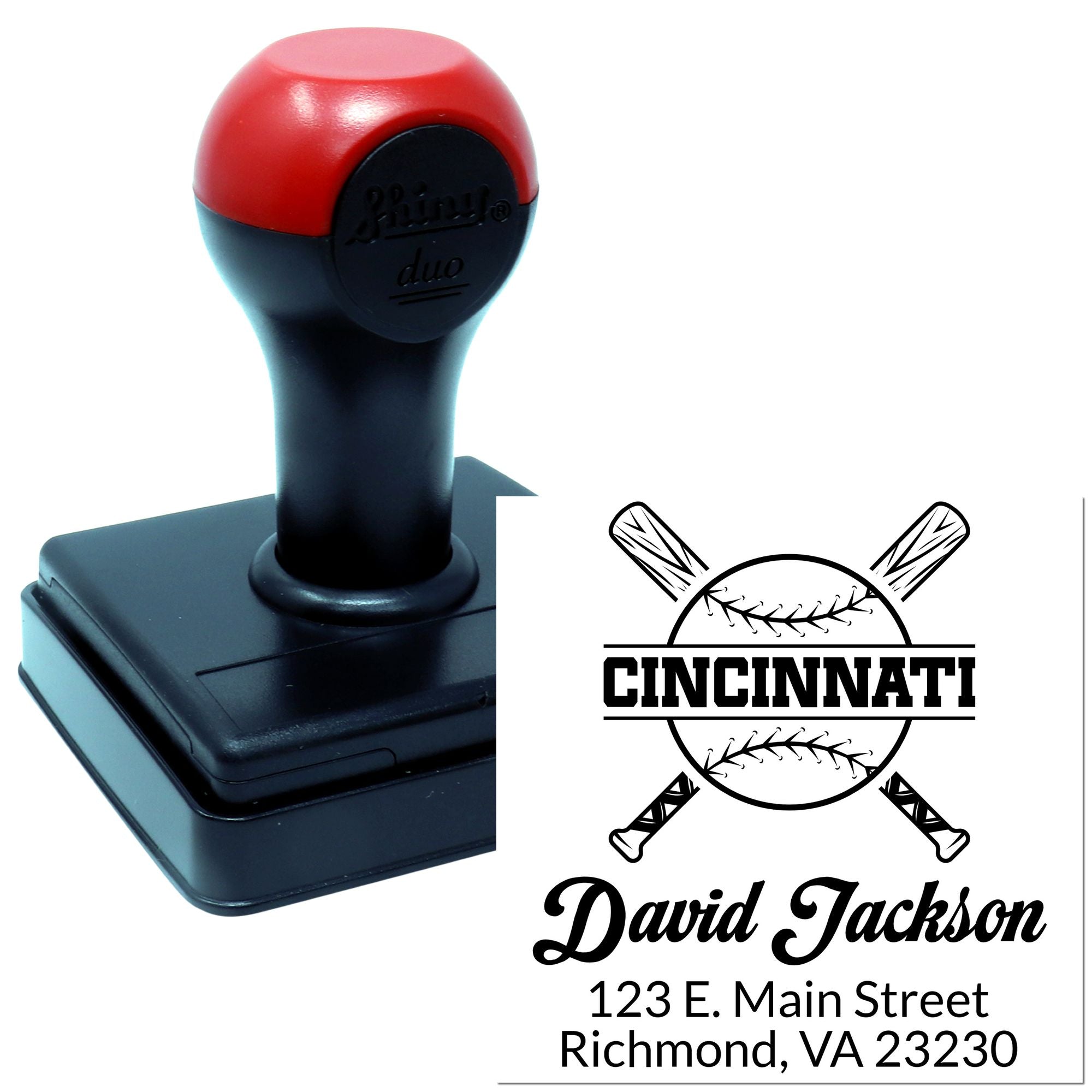 Custom self-inking baseball address rubber stamp with Cincinnati logo and David Jackson return address.