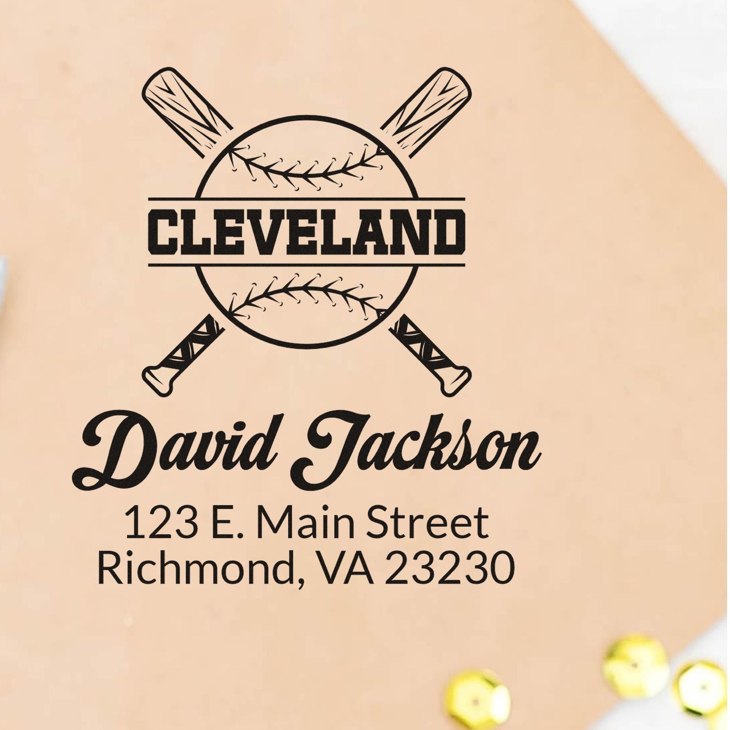 Personalized baseball rubber stamp featuring Cleveland logo, David Jackson, and Richmond, VA 23230 address.