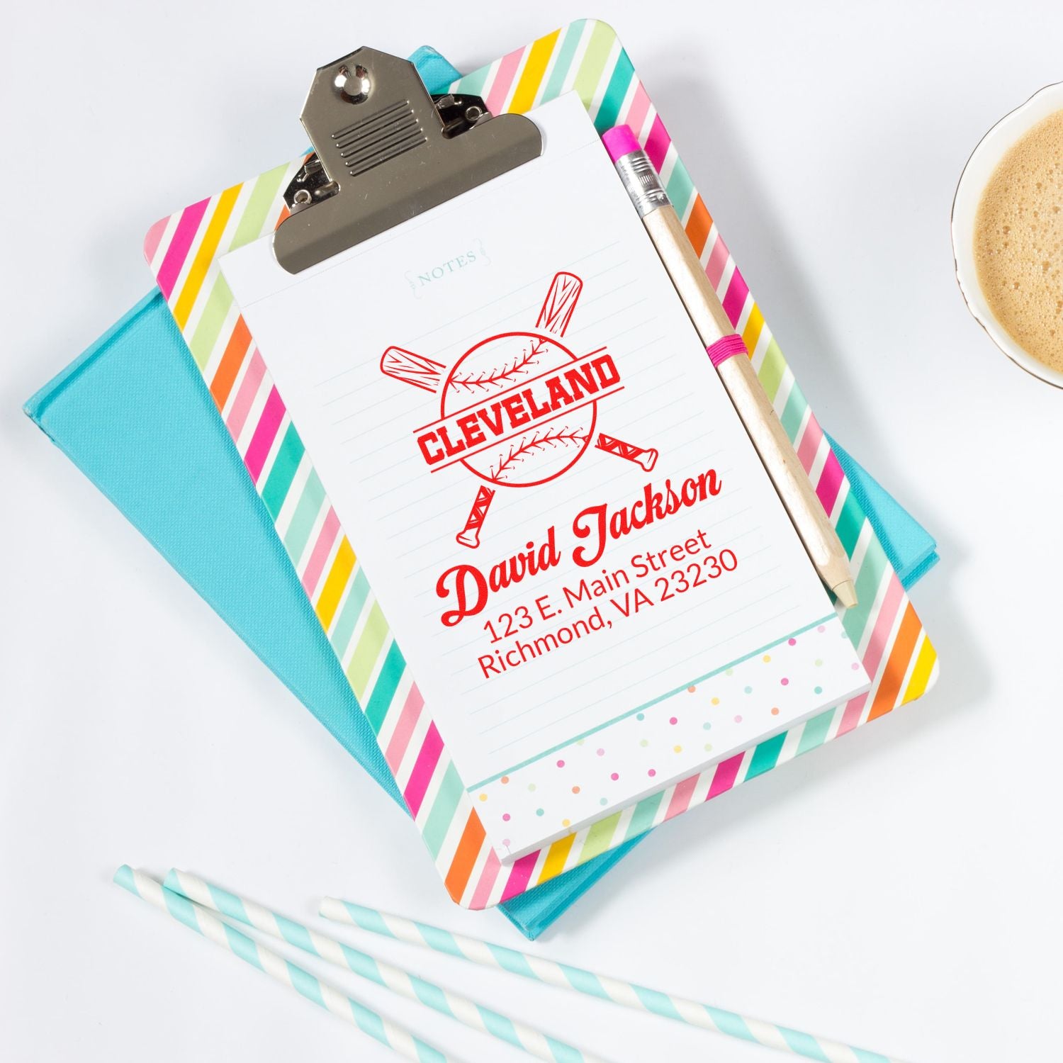 Personalized baseball return address rubber stamp on notepad for custom stationery and gifts.