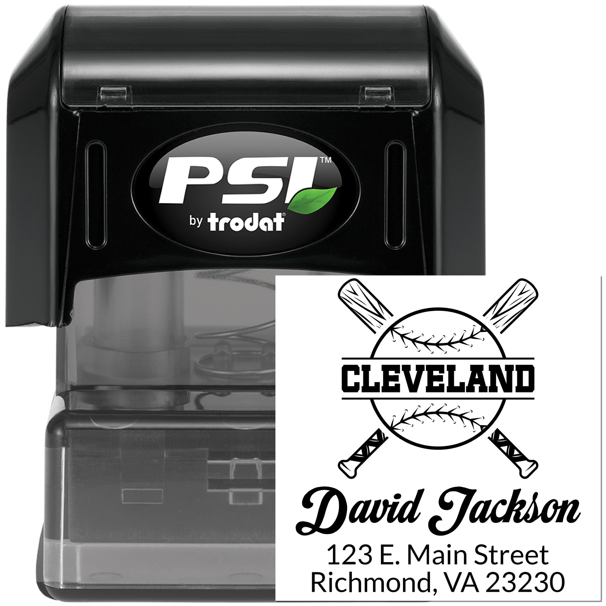 PSI by Trodat self-inking baseball address rubber stamp with custom Cleveland, David Jackson, Richmond VA design.