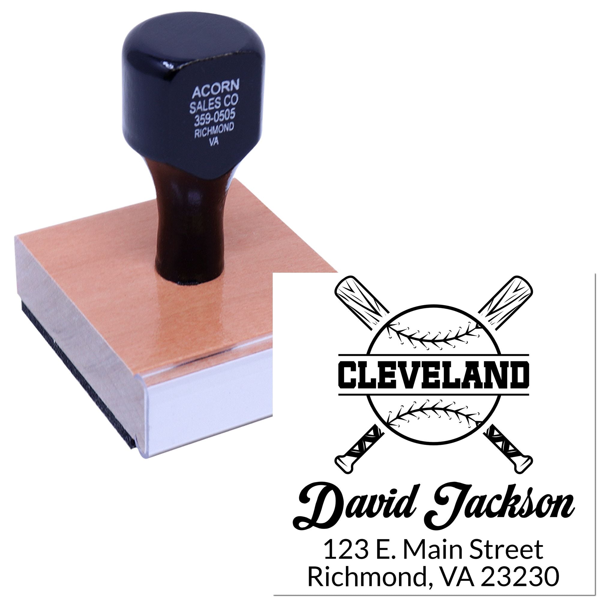 Custom baseball return address rubber stamp with bats and ball logo for personalized sports mailings and team branding.