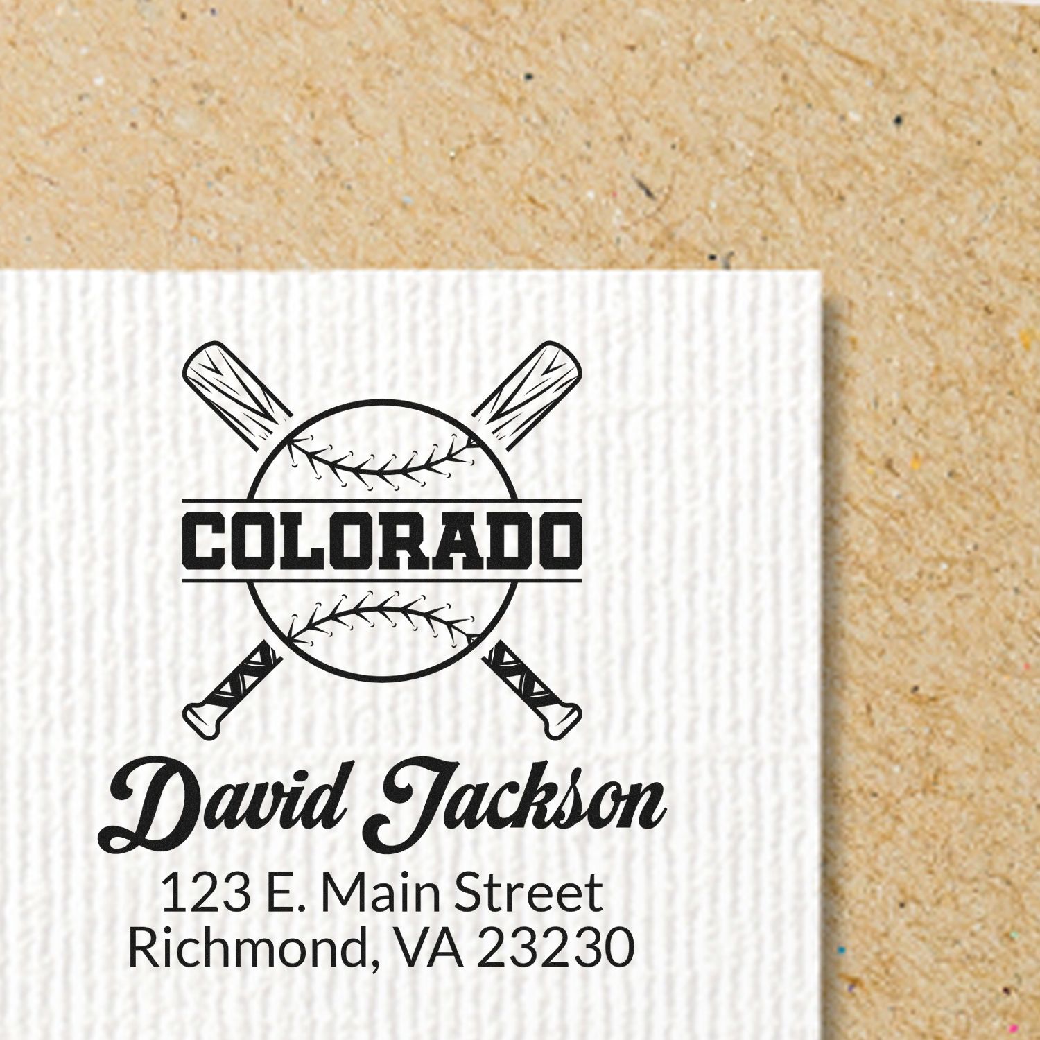 Custom baseball return address rubber stamp with Colorado logo, David Jackson, and Richmond, VA address.