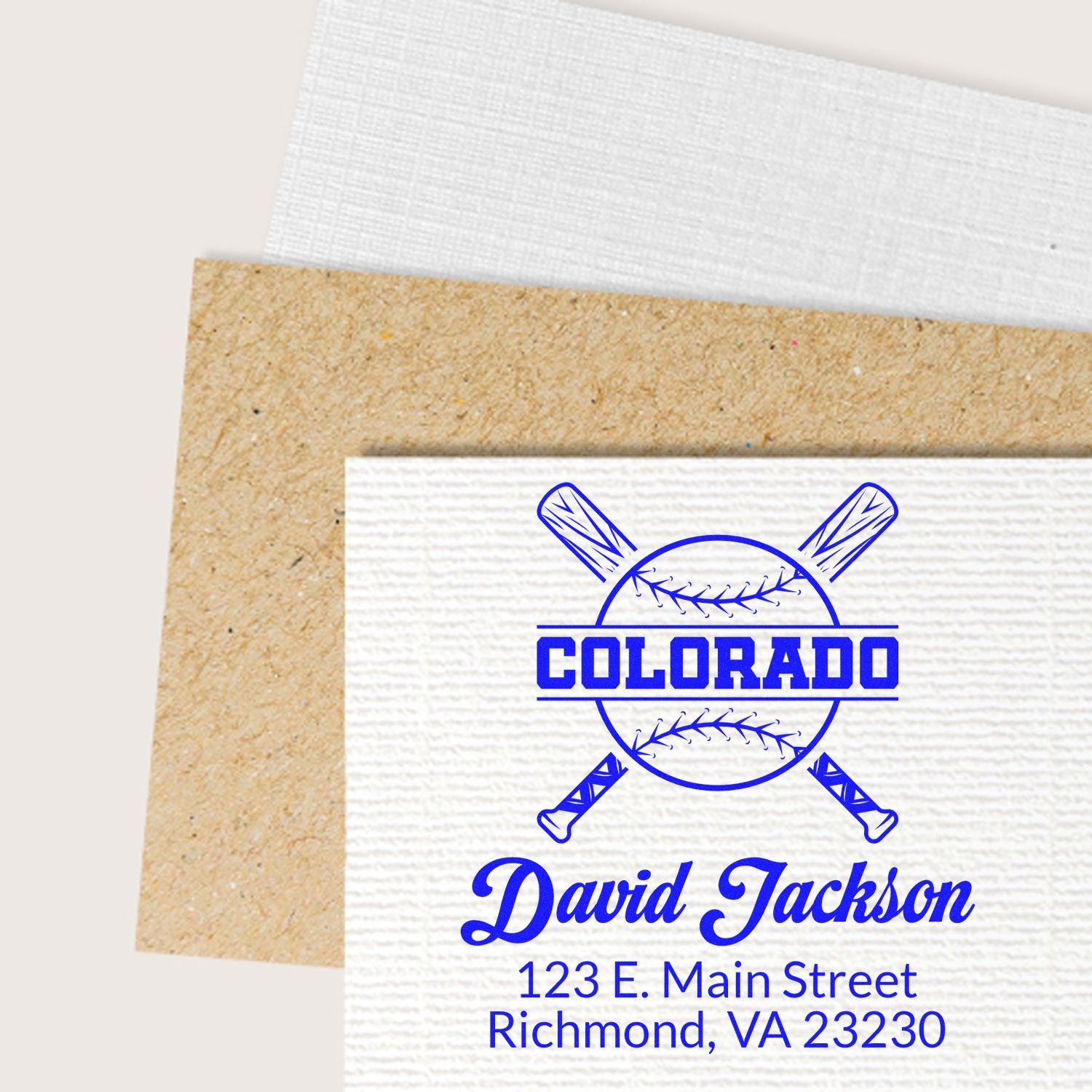 Custom baseball rubber stamp design with Colorado logo, David Jackson name, and Richmond, VA address on textured paper.