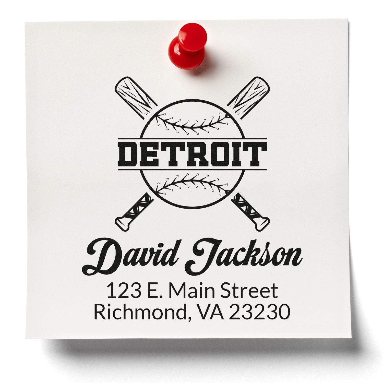 Custom Detroit baseball address rubber stamp with name and mailing address for personalized stationery and sports branding.